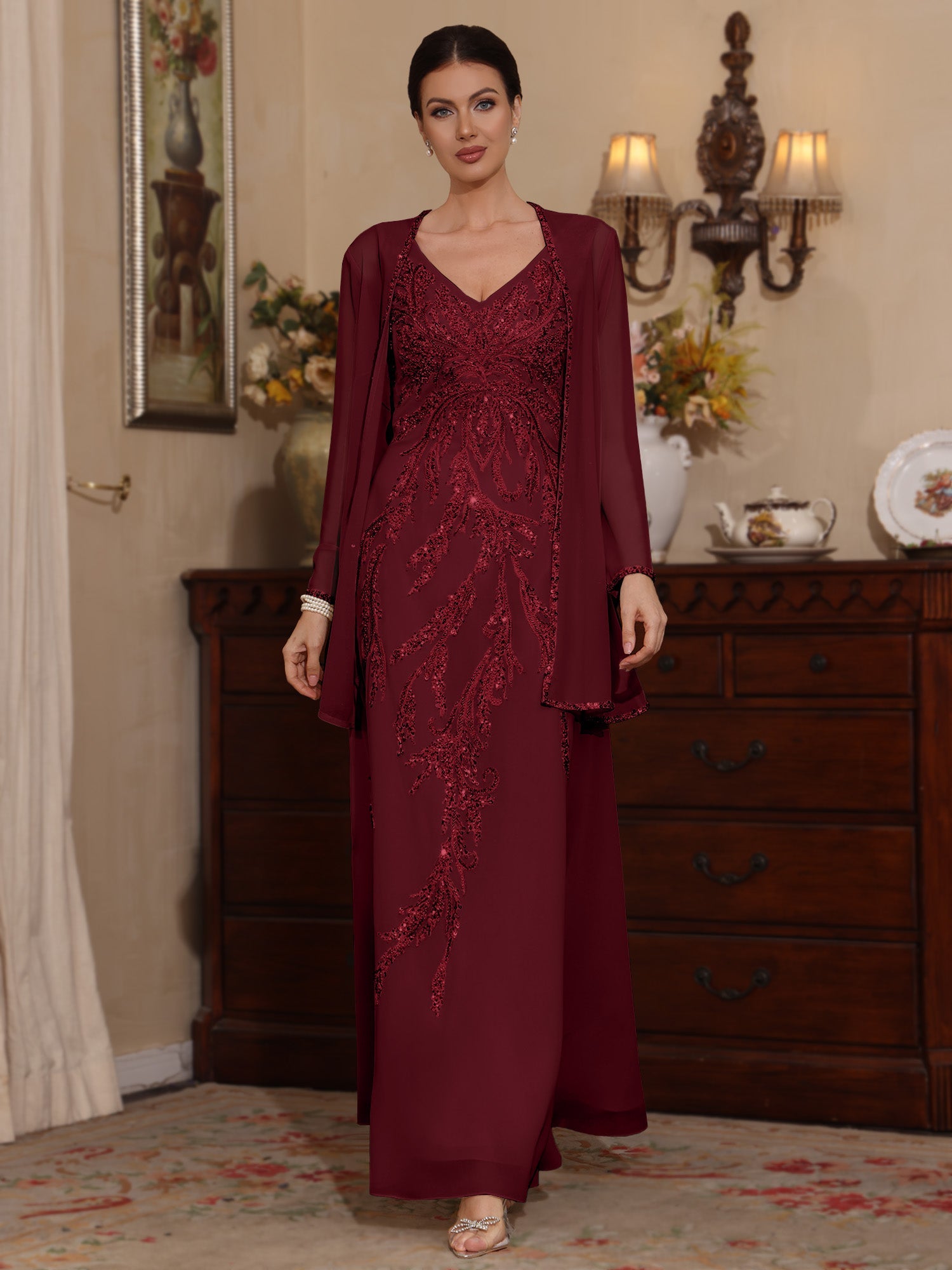 2 Pieces A Line Princess V Neck Chiffon Mother Of The Bride Dresses With Jacket Sequins Ankle Length Long Sleeves
