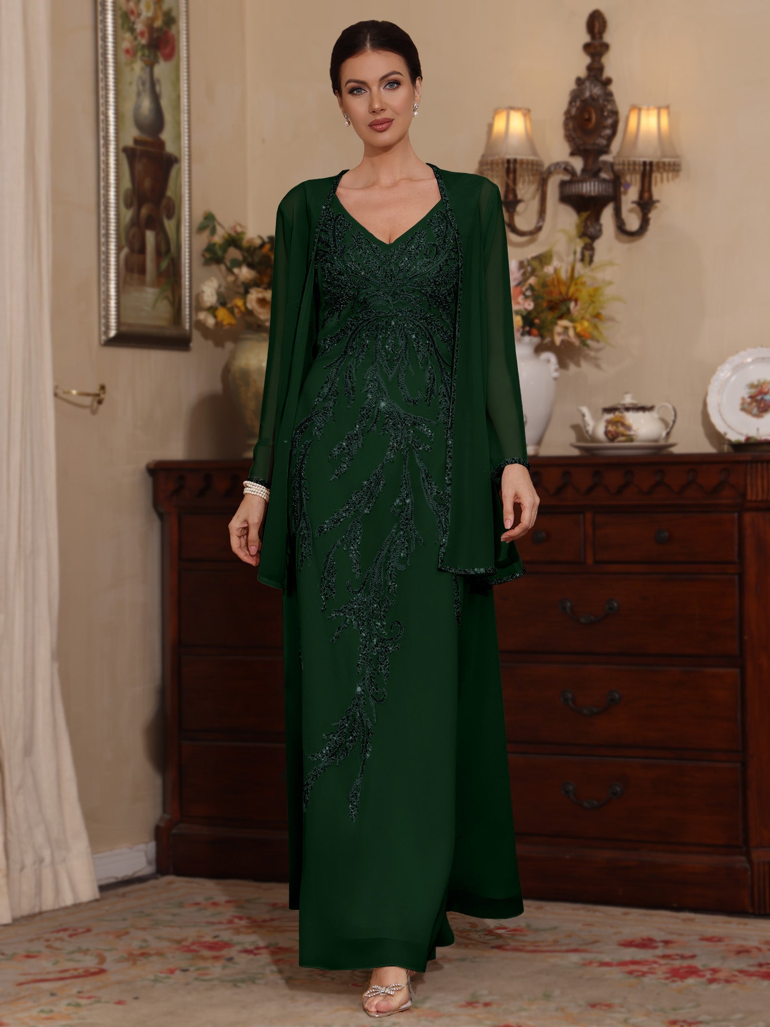 2 Pieces A Line Princess V Neck Chiffon Mother Of The Bride Dresses With Jacket Sequins Ankle Length Long Sleeves