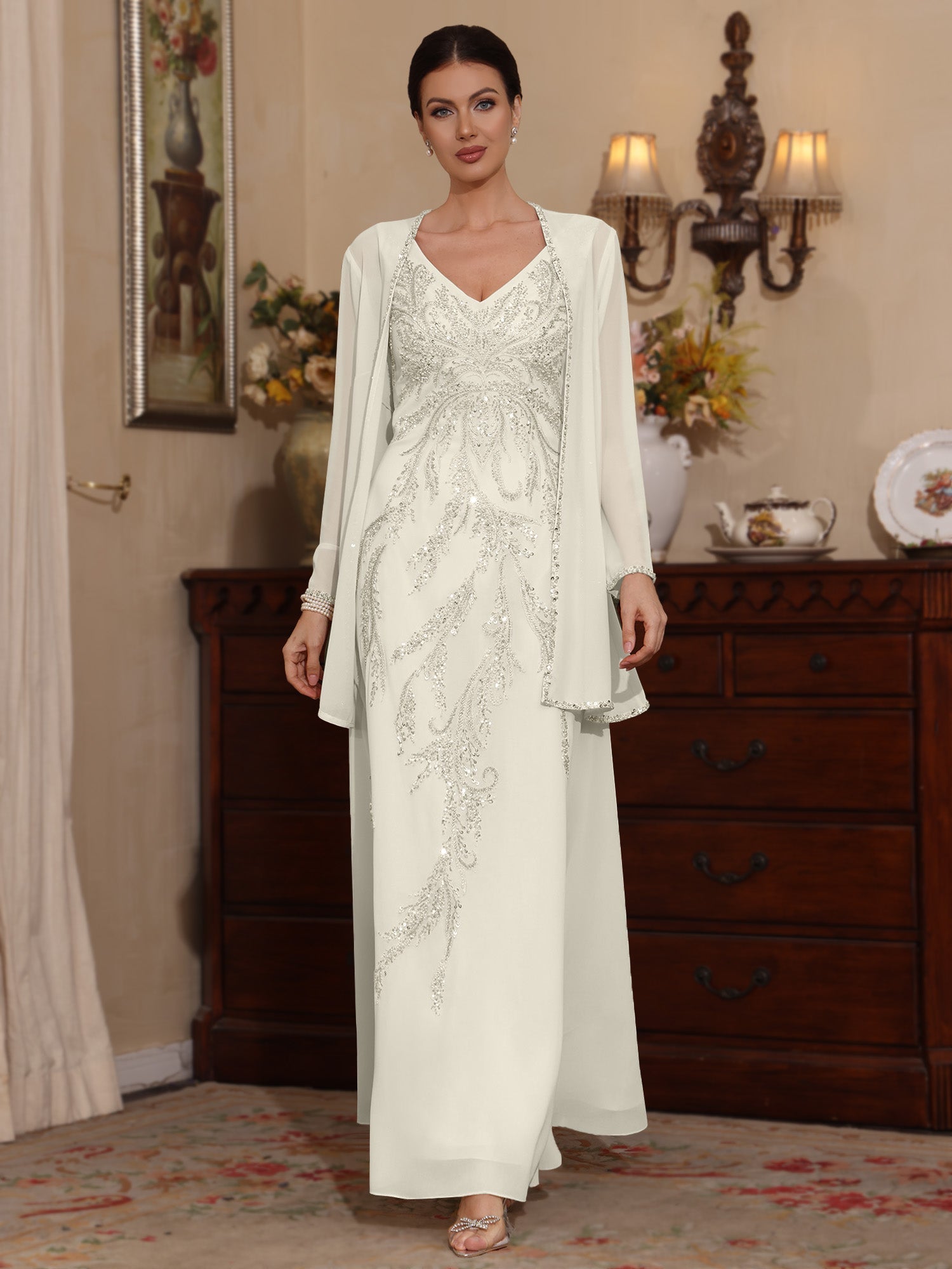2 Pieces A Line Princess V Neck Chiffon Mother Of The Bride Dresses With Jacket Sequins Ankle Length Long Sleeves