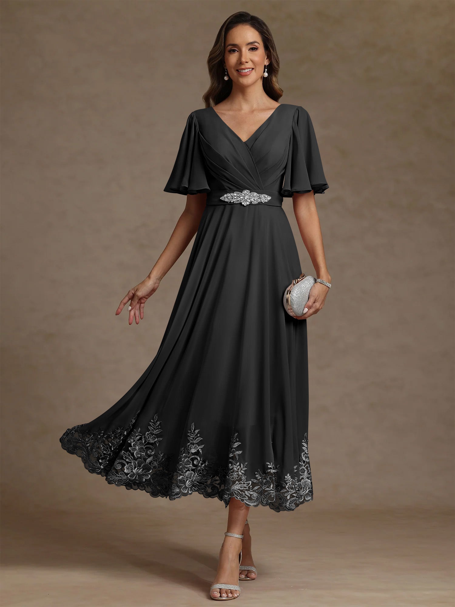 A Line Princess V Neck Mother Of The Bride Dresses Short Sleeves Chiffon Lace Tea Length With Sash