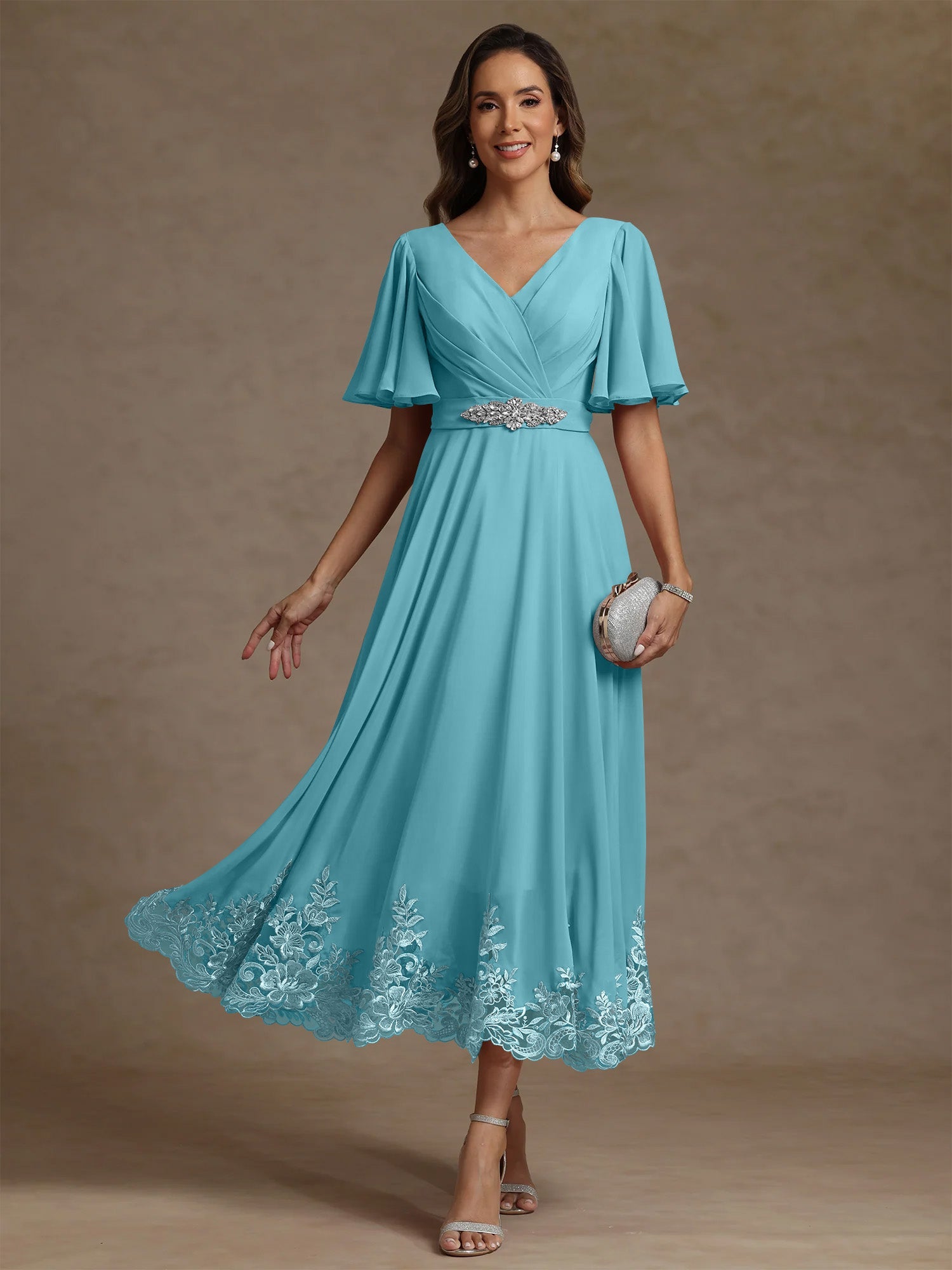 A Line Princess V Neck Mother Of The Bride Dresses Short Sleeves Chiffon Lace Tea Length With Sash