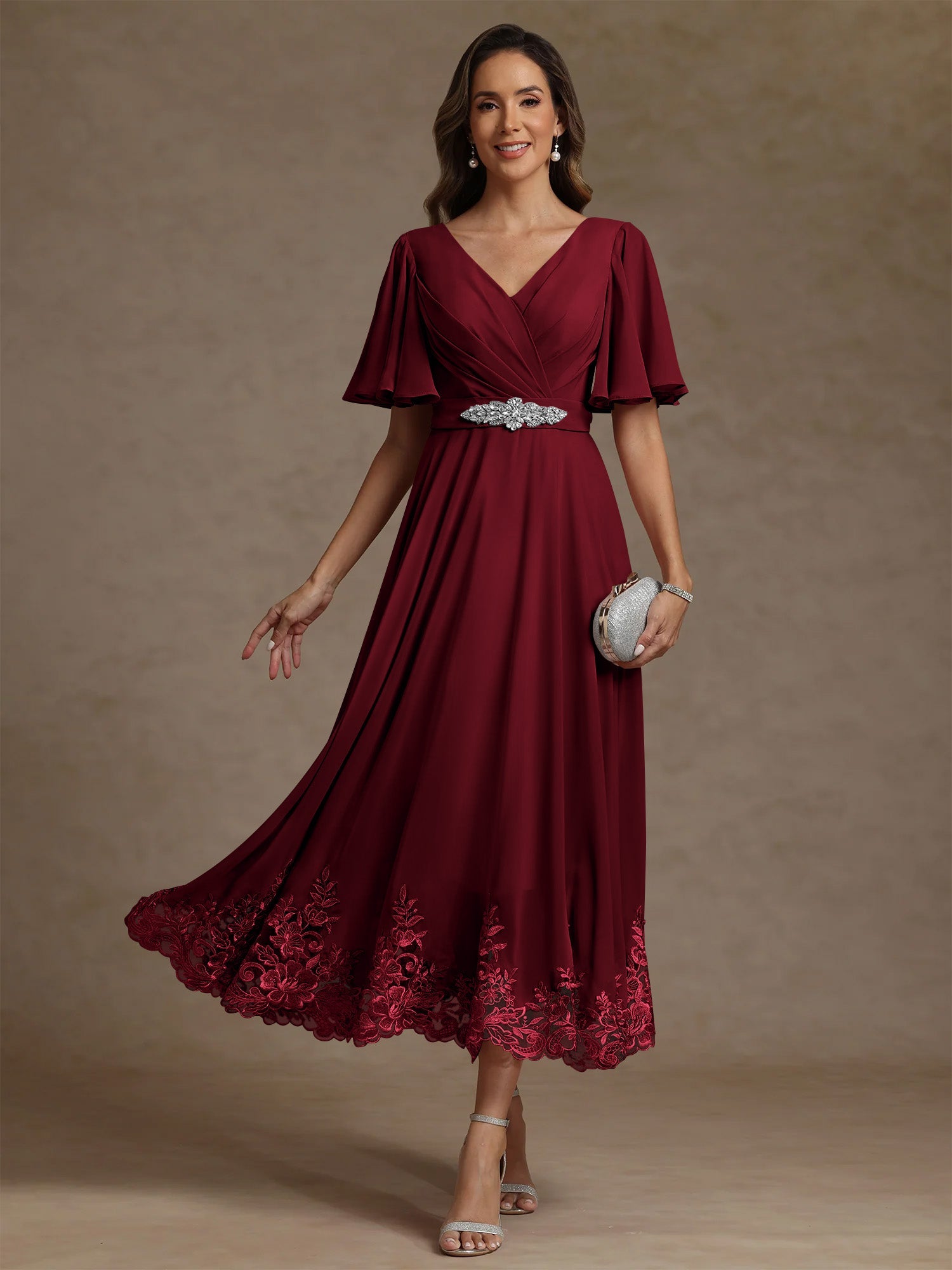 A Line Princess V Neck Mother Of The Bride Dresses Short Sleeves Chiffon Lace Tea Length With Sash