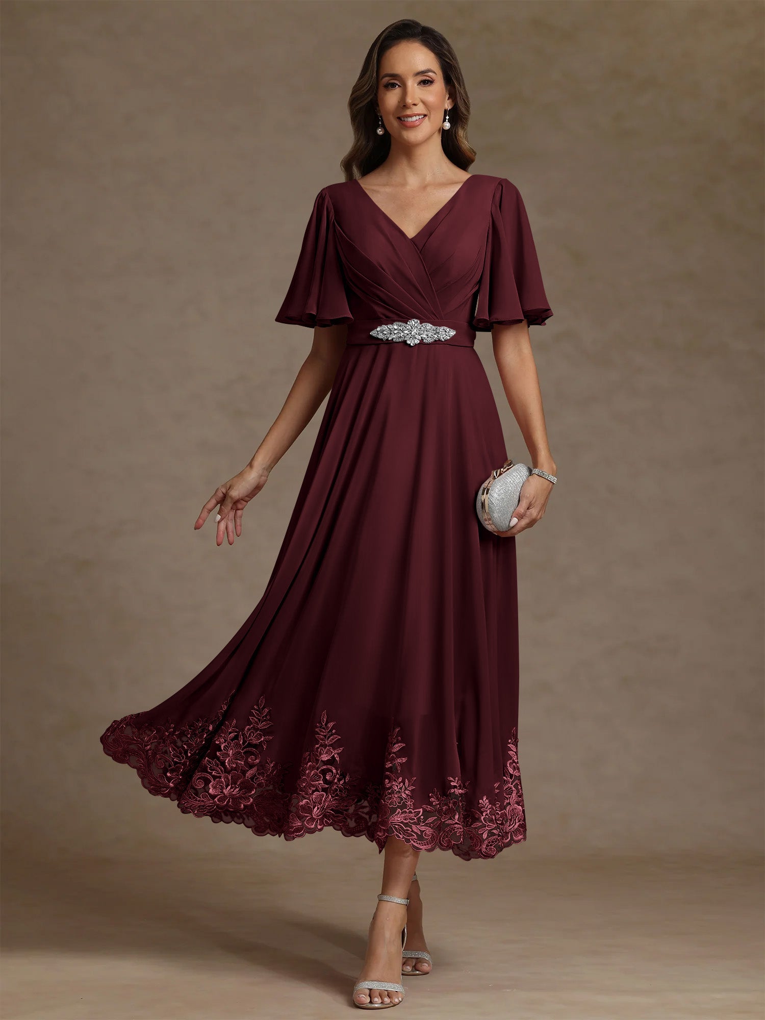 A Line Princess V Neck Mother Of The Bride Dresses Short Sleeves Chiffon Lace Tea Length With Sash