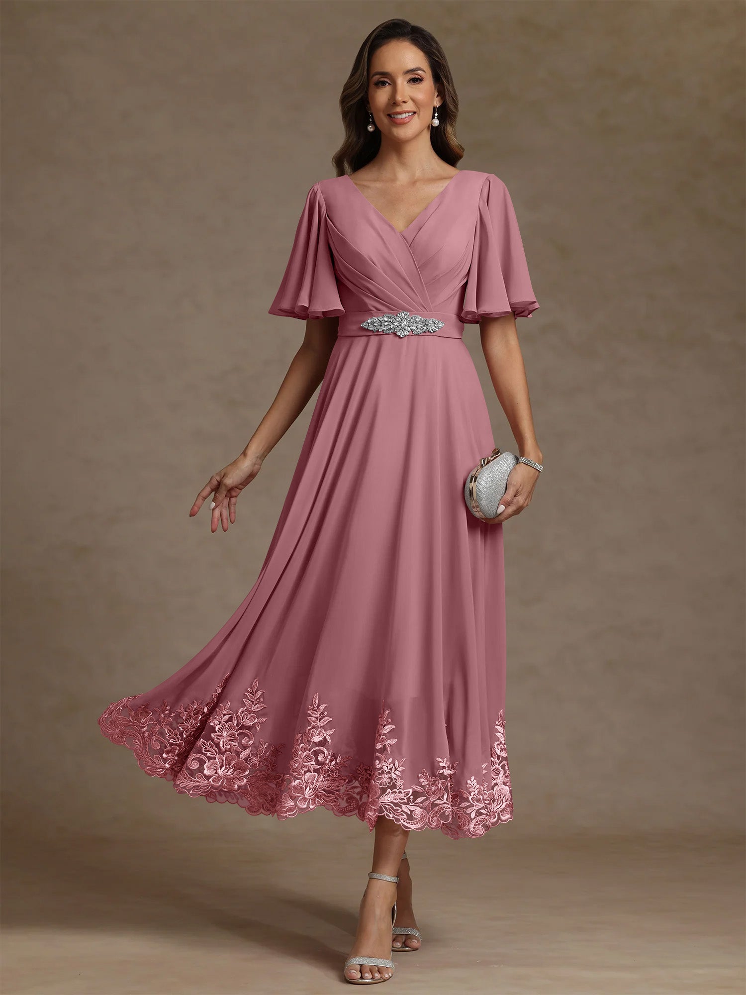 A Line Princess V Neck Mother Of The Bride Dresses Short Sleeves Chiffon Lace Tea Length With Sash