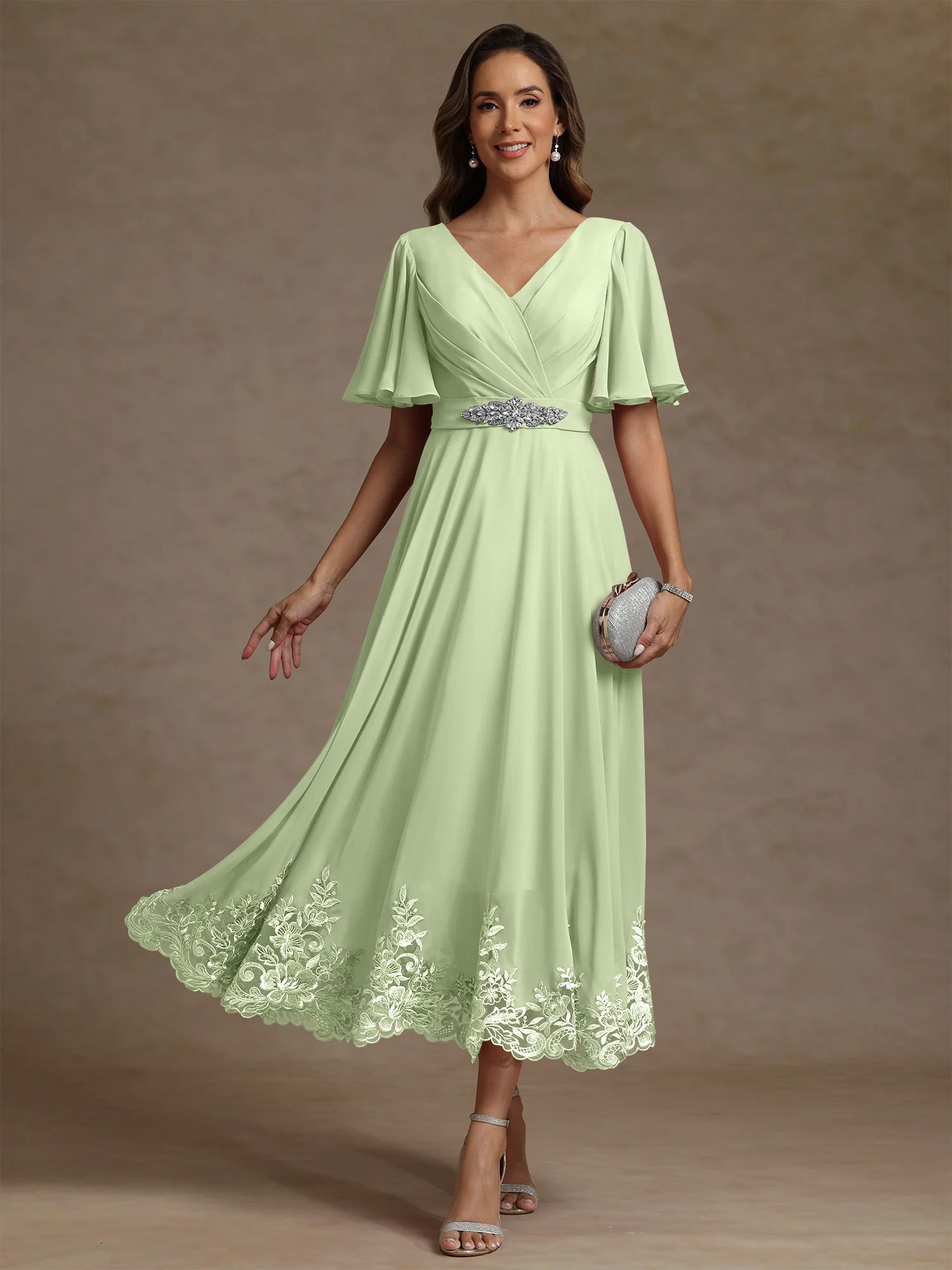 A Line Princess V Neck Mother Of The Bride Dresses Short Sleeves Chiffon Lace Tea Length With Sash