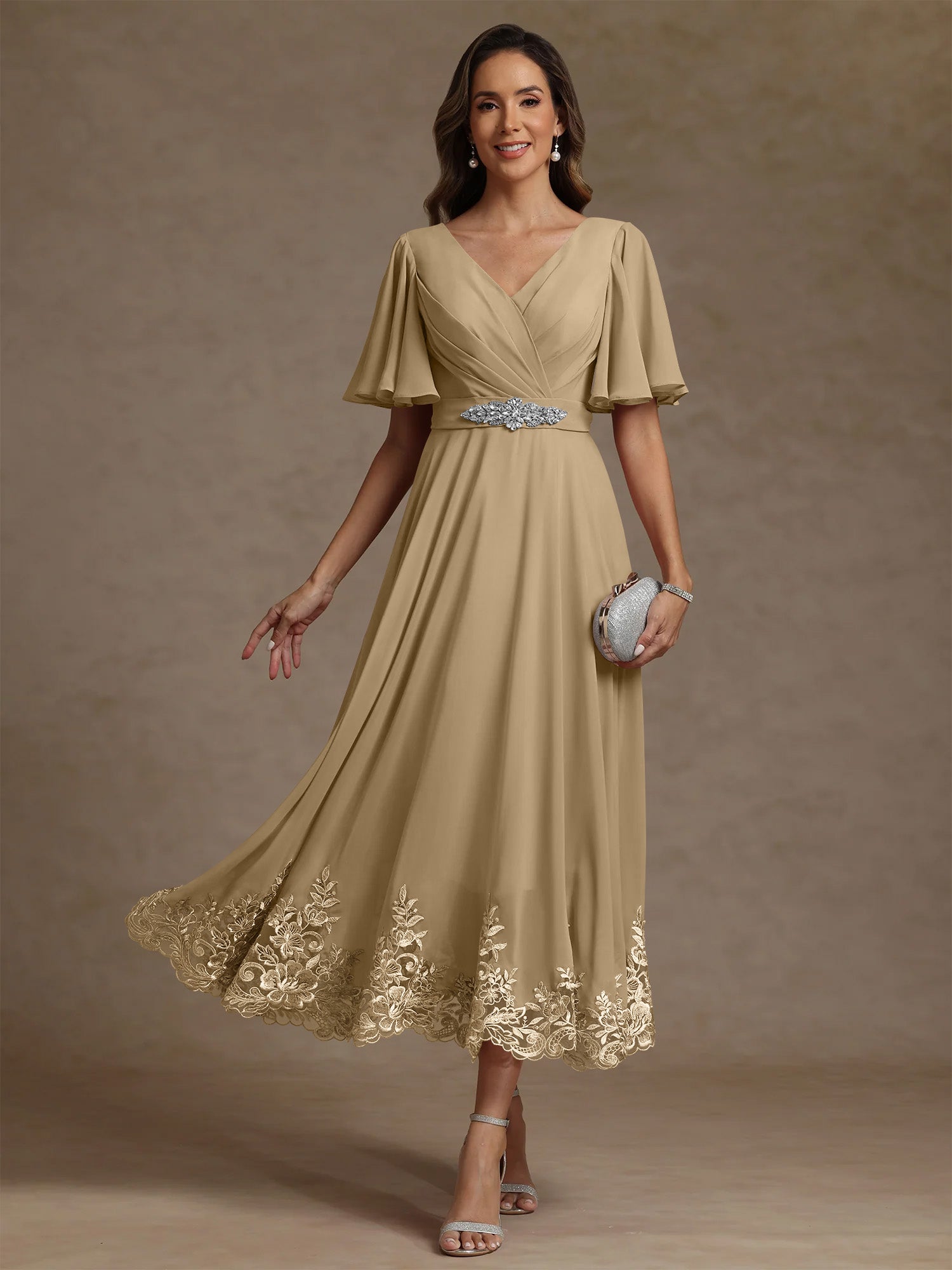 A Line Princess V Neck Mother Of The Bride Dresses Short Sleeves Chiffon Lace Tea Length With Sash