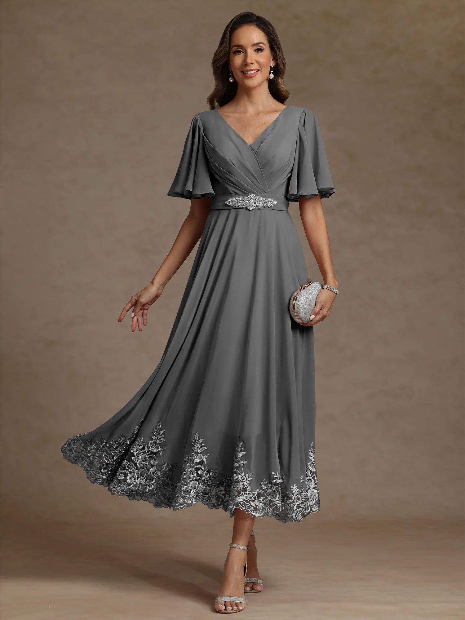 A Line Princess V Neck Mother Of The Bride Dresses Short Sleeves Chiffon Lace Tea Length With Sash
