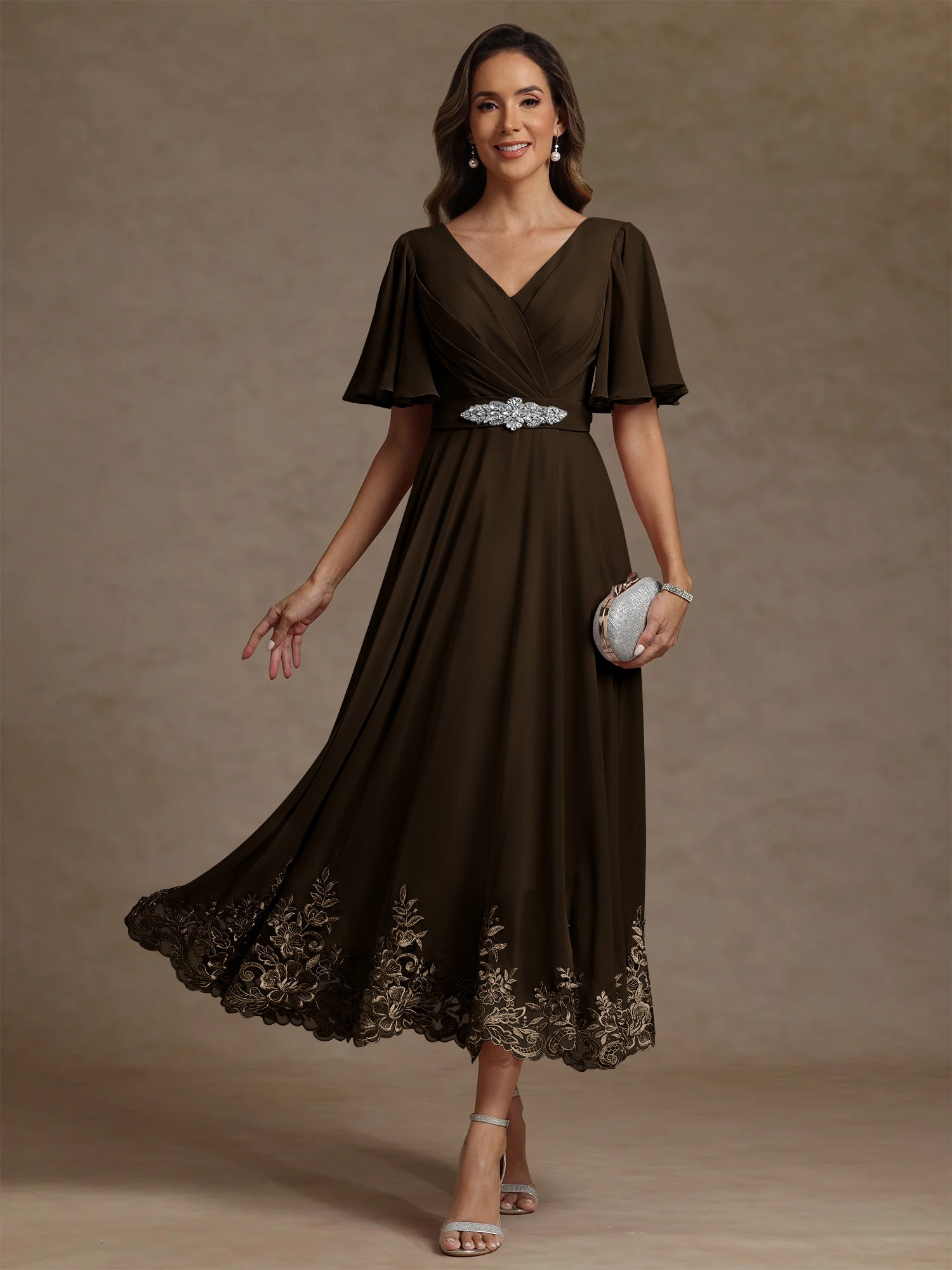 A Line Princess V Neck Mother Of The Bride Dresses Short Sleeves Chiffon Lace Tea Length With Sash