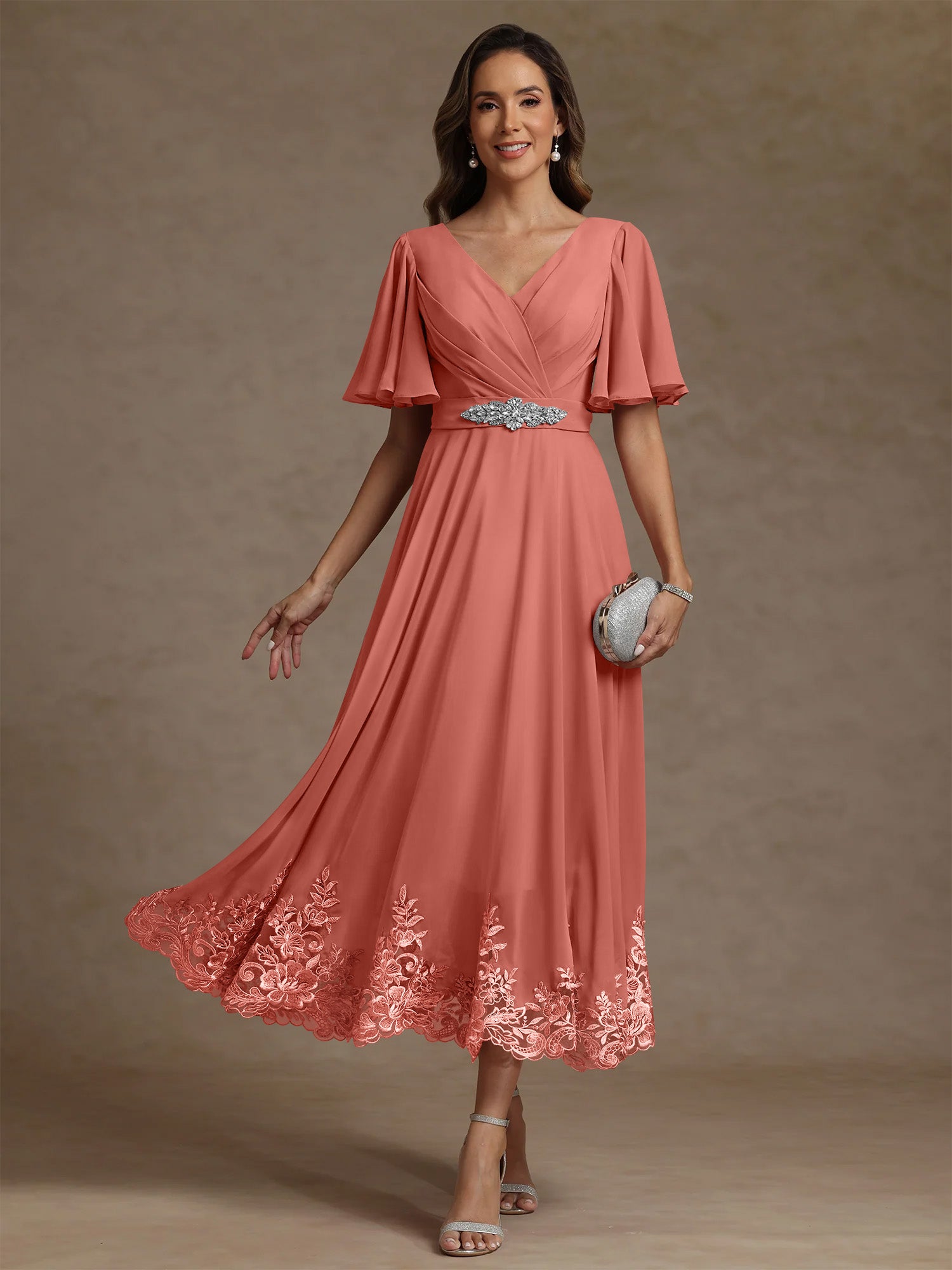 A Line Princess V Neck Mother Of The Bride Dresses Short Sleeves Chiffon Lace Tea Length With Sash