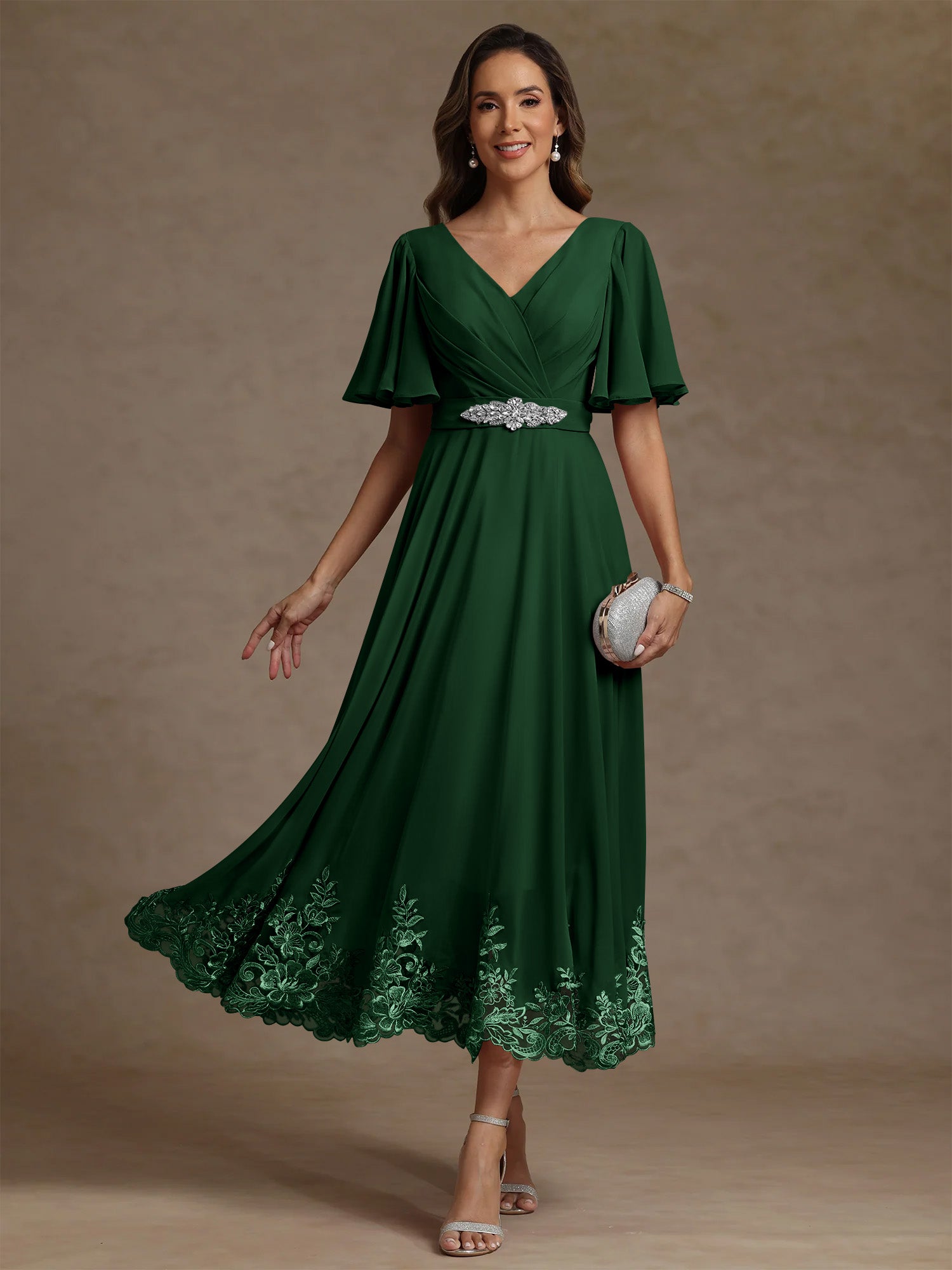 A Line Princess V Neck Mother Of The Bride Dresses Short Sleeves Chiffon Lace Tea Length With Sash
