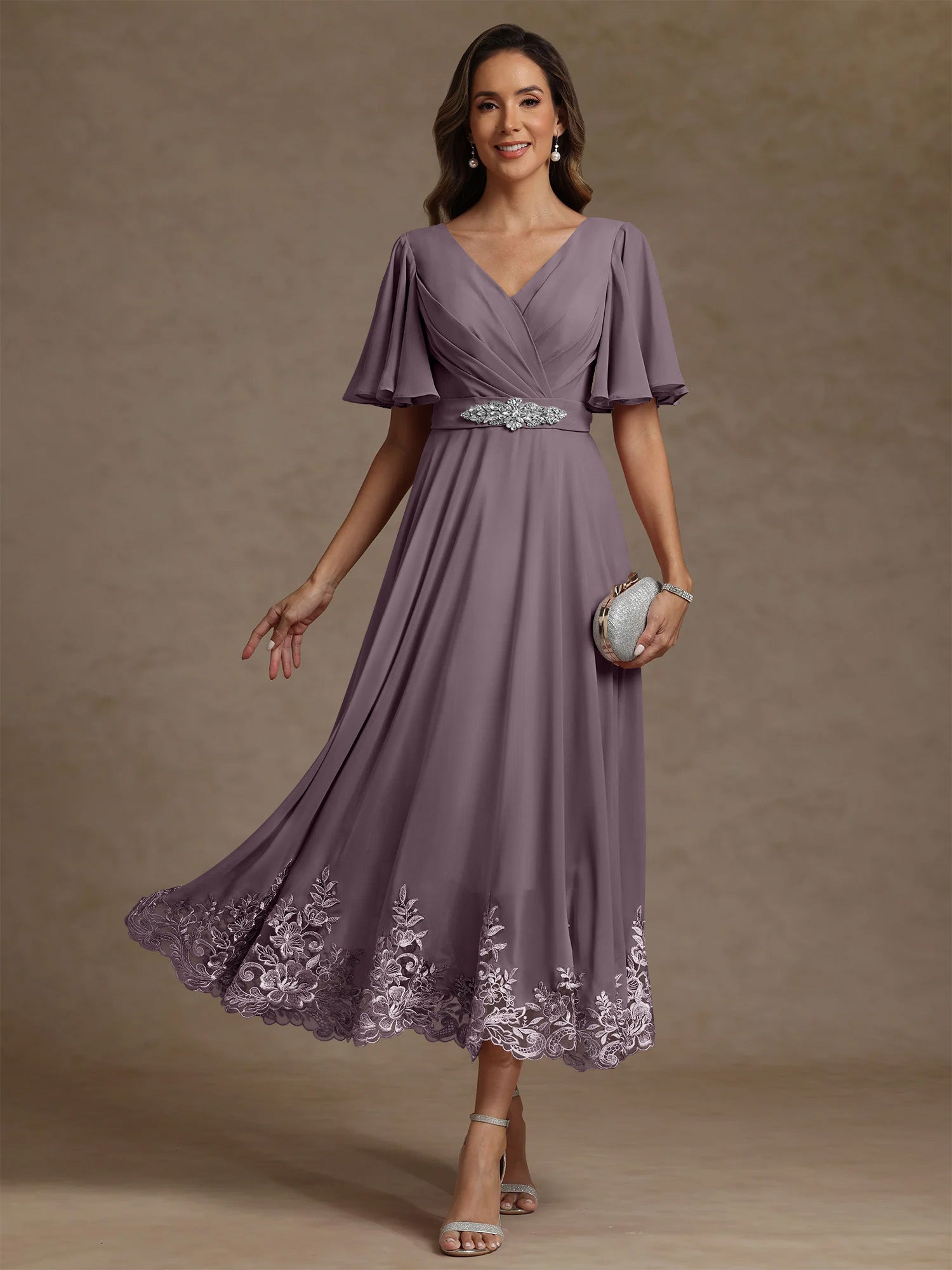A Line Princess V Neck Mother Of The Bride Dresses Short Sleeves Chiffon Lace Tea Length With Sash