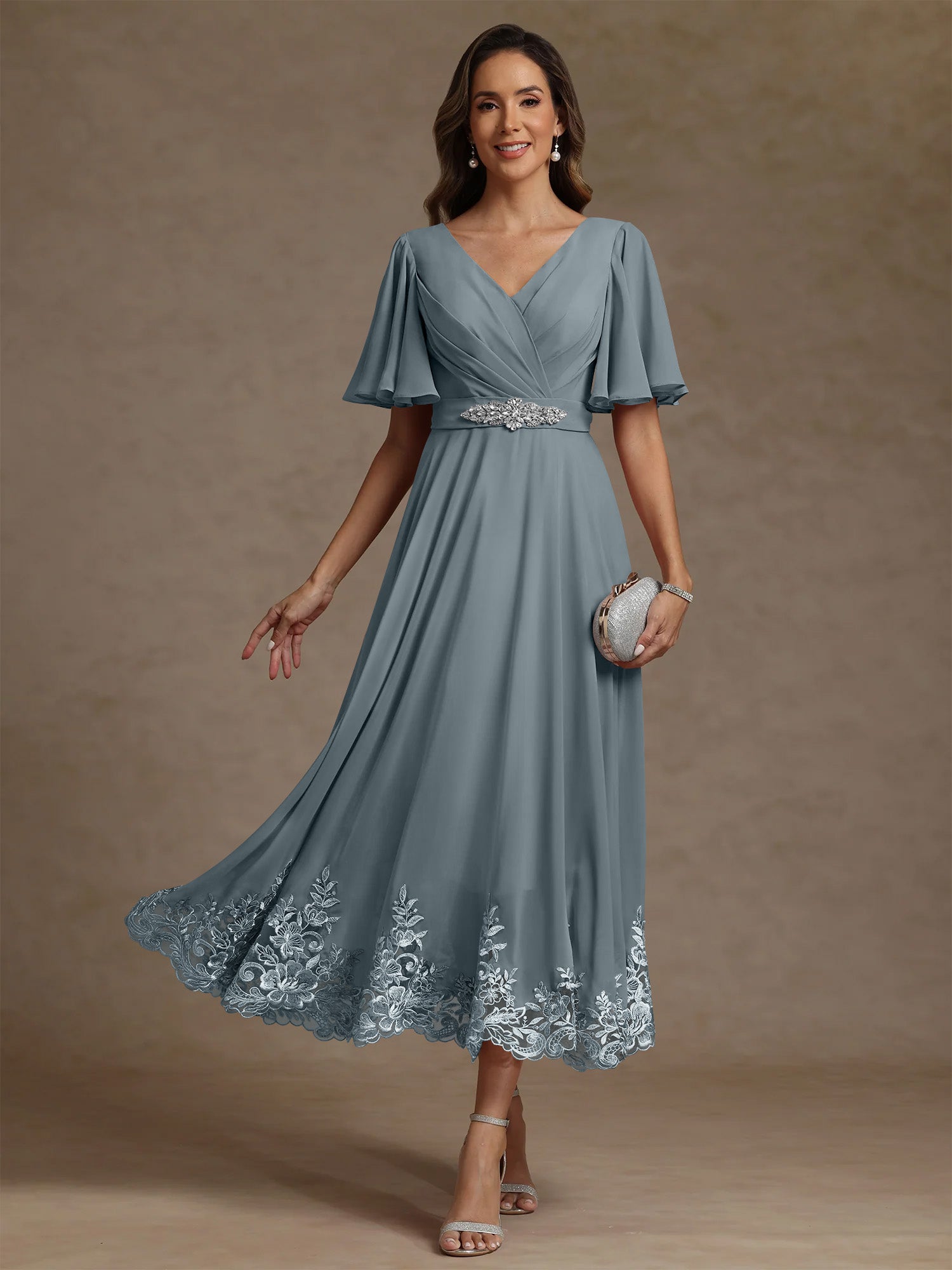 A Line Princess V Neck Mother Of The Bride Dresses Short Sleeves Chiffon Lace Tea Length With Sash