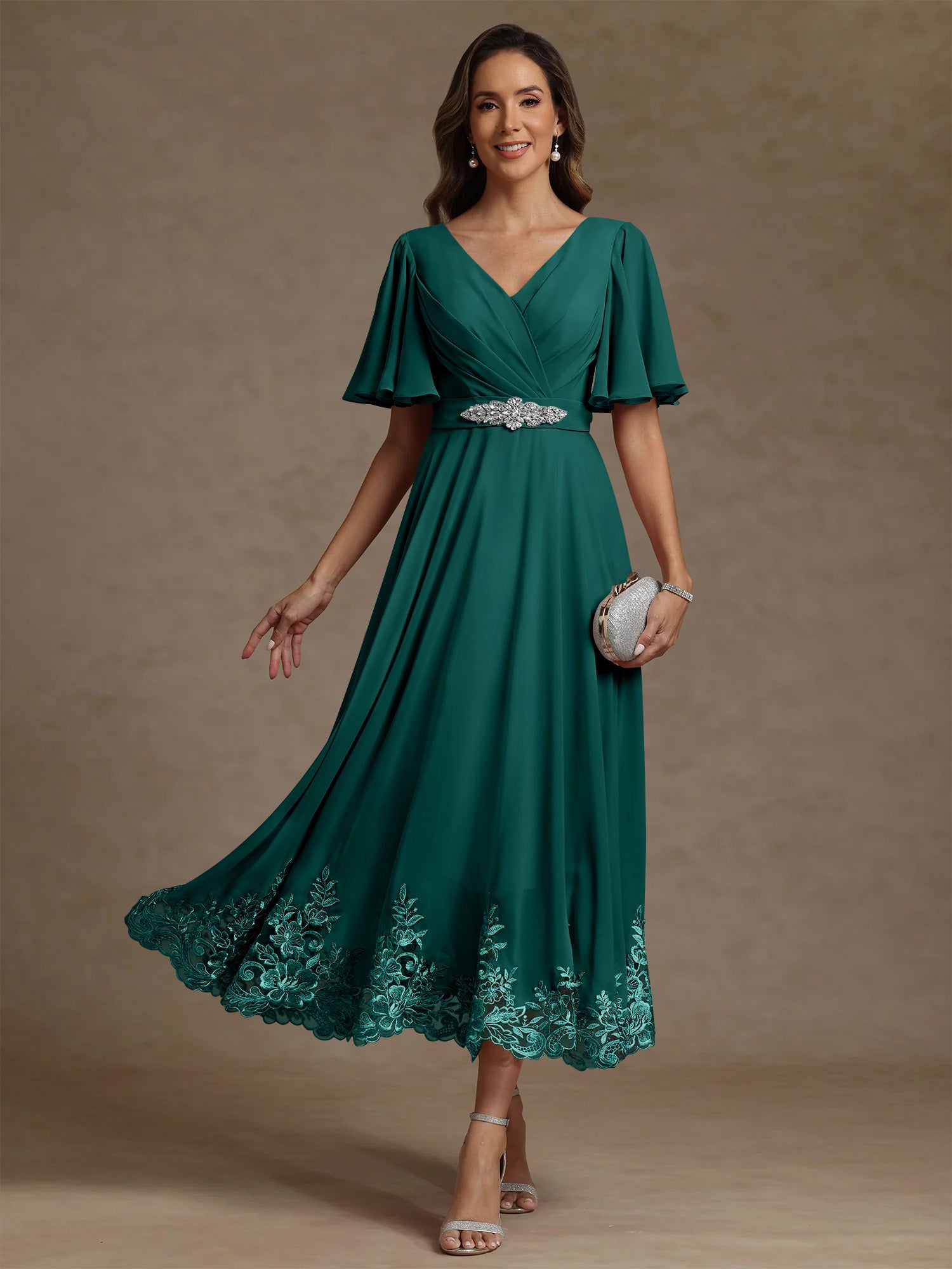 A Line Princess V Neck Mother Of The Bride Dresses Short Sleeves Chiffon Lace Tea Length With Sash