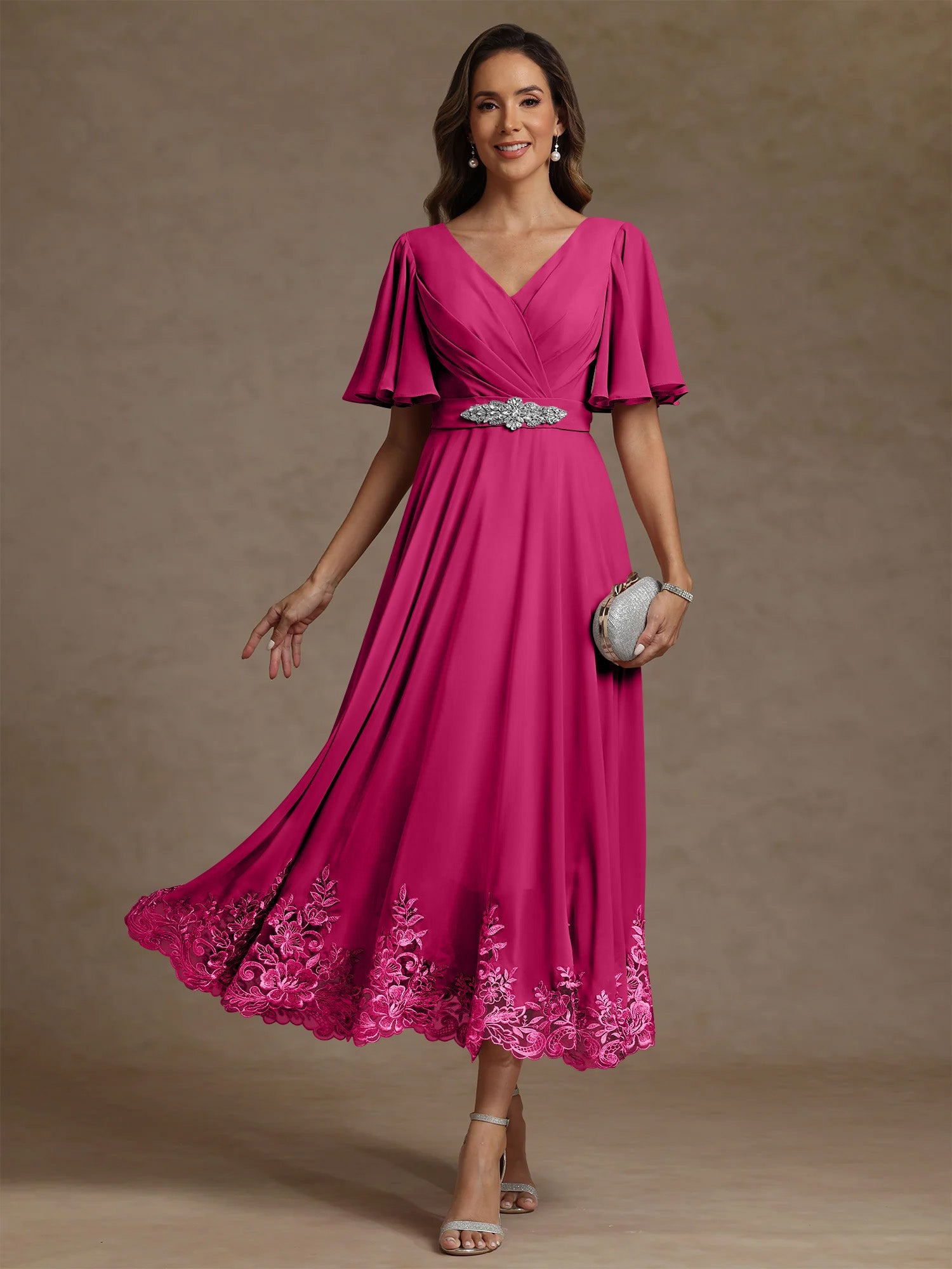 A Line Princess V Neck Mother Of The Bride Dresses Short Sleeves Chiffon Lace Tea Length With Sash