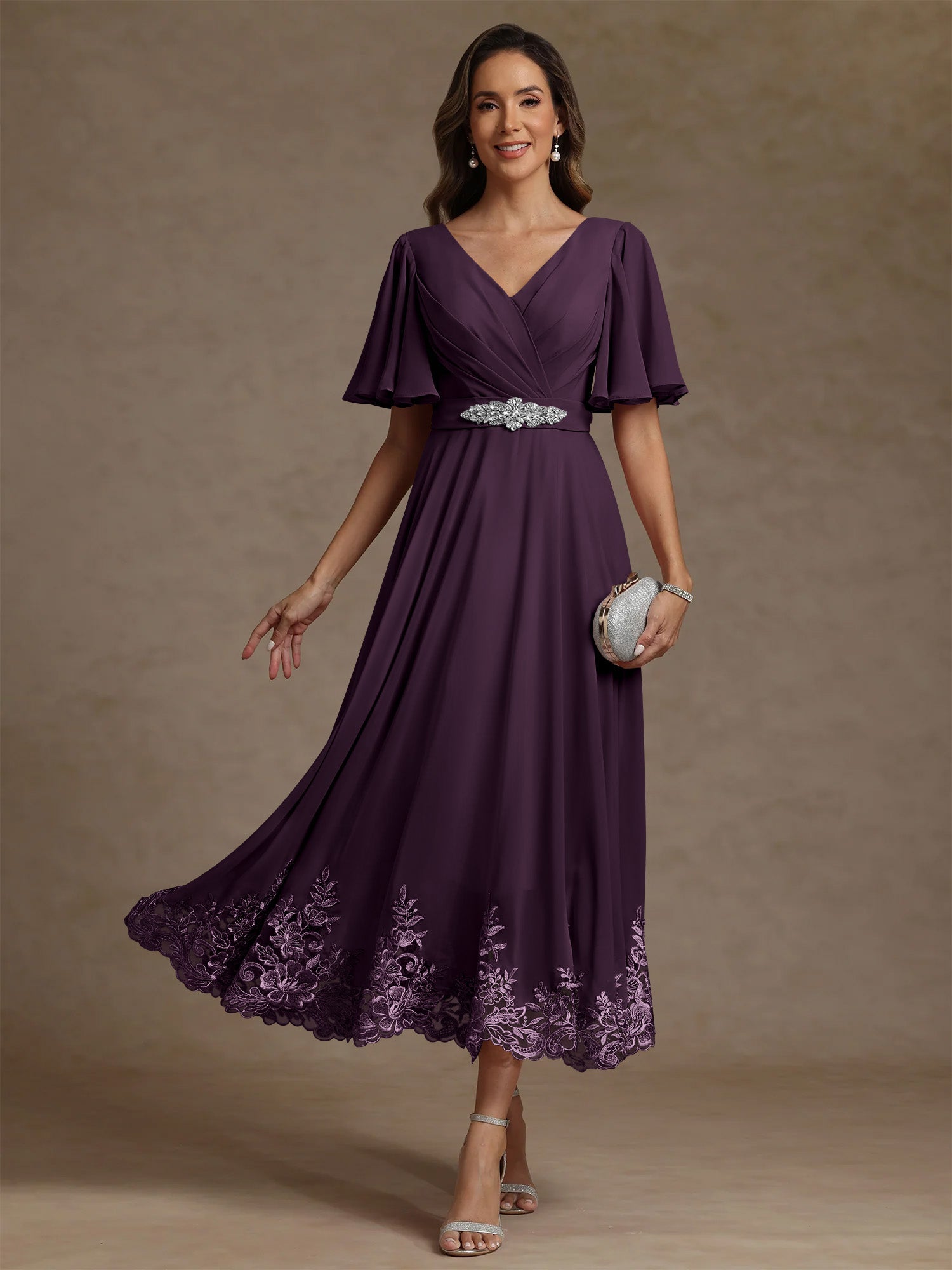 A Line Princess V Neck Mother Of The Bride Dresses Short Sleeves Chiffon Lace Tea Length With Sash