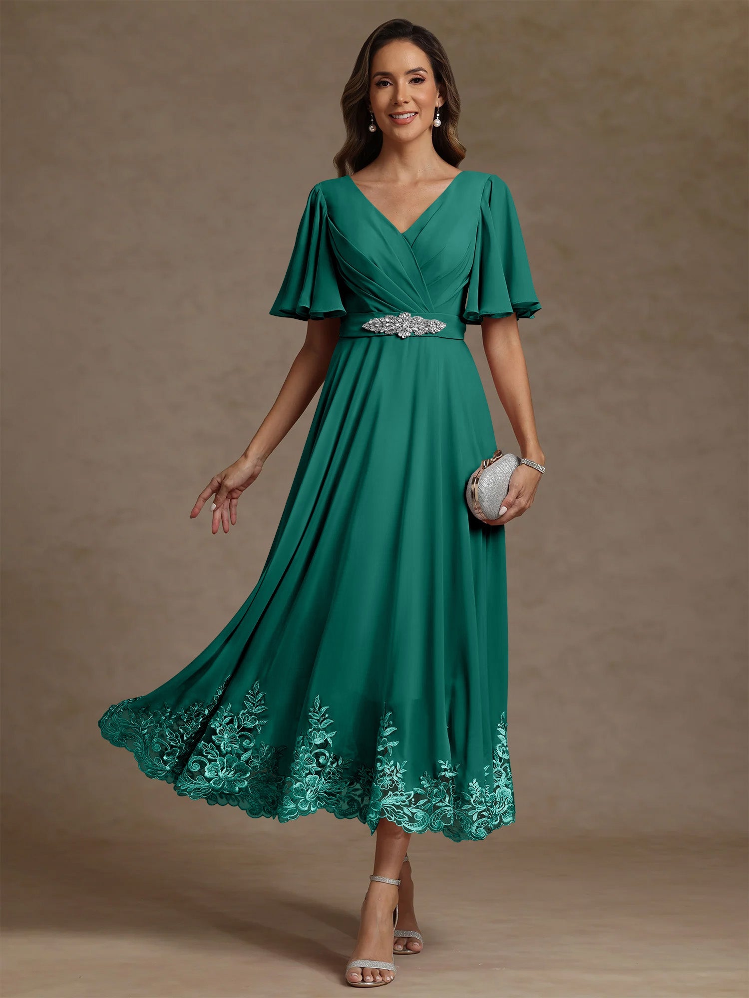 A Line Princess V Neck Mother Of The Bride Dresses Short Sleeves Chiffon Lace Tea Length With Sash