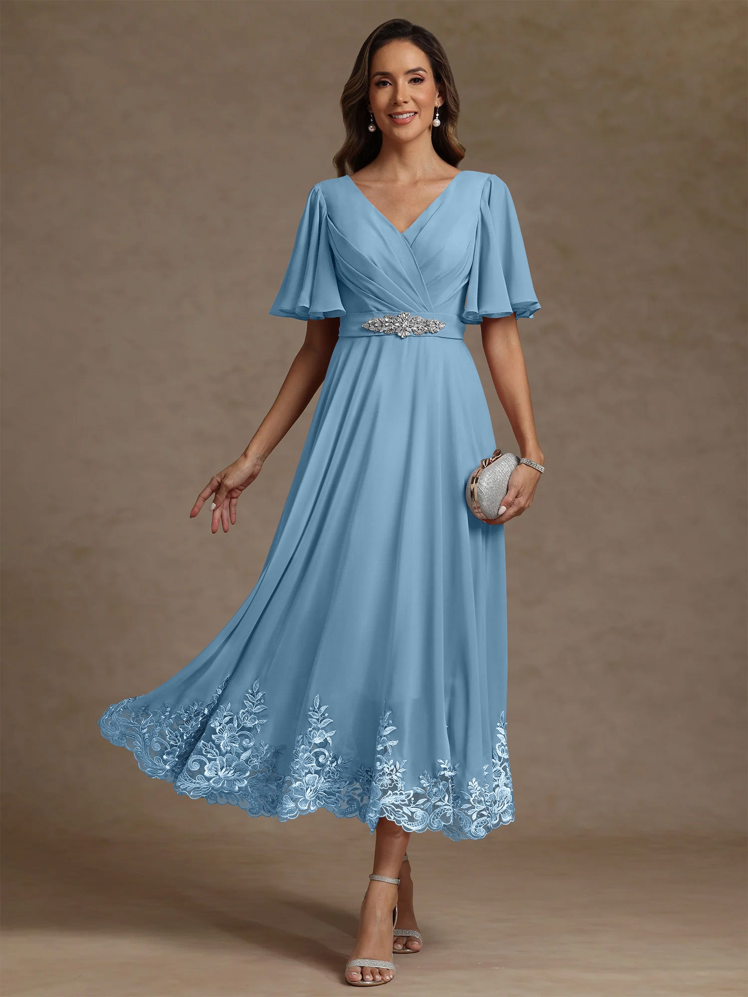 A Line Princess V Neck Mother Of The Bride Dresses Short Sleeves Chiffon Lace Tea Length With Sash
