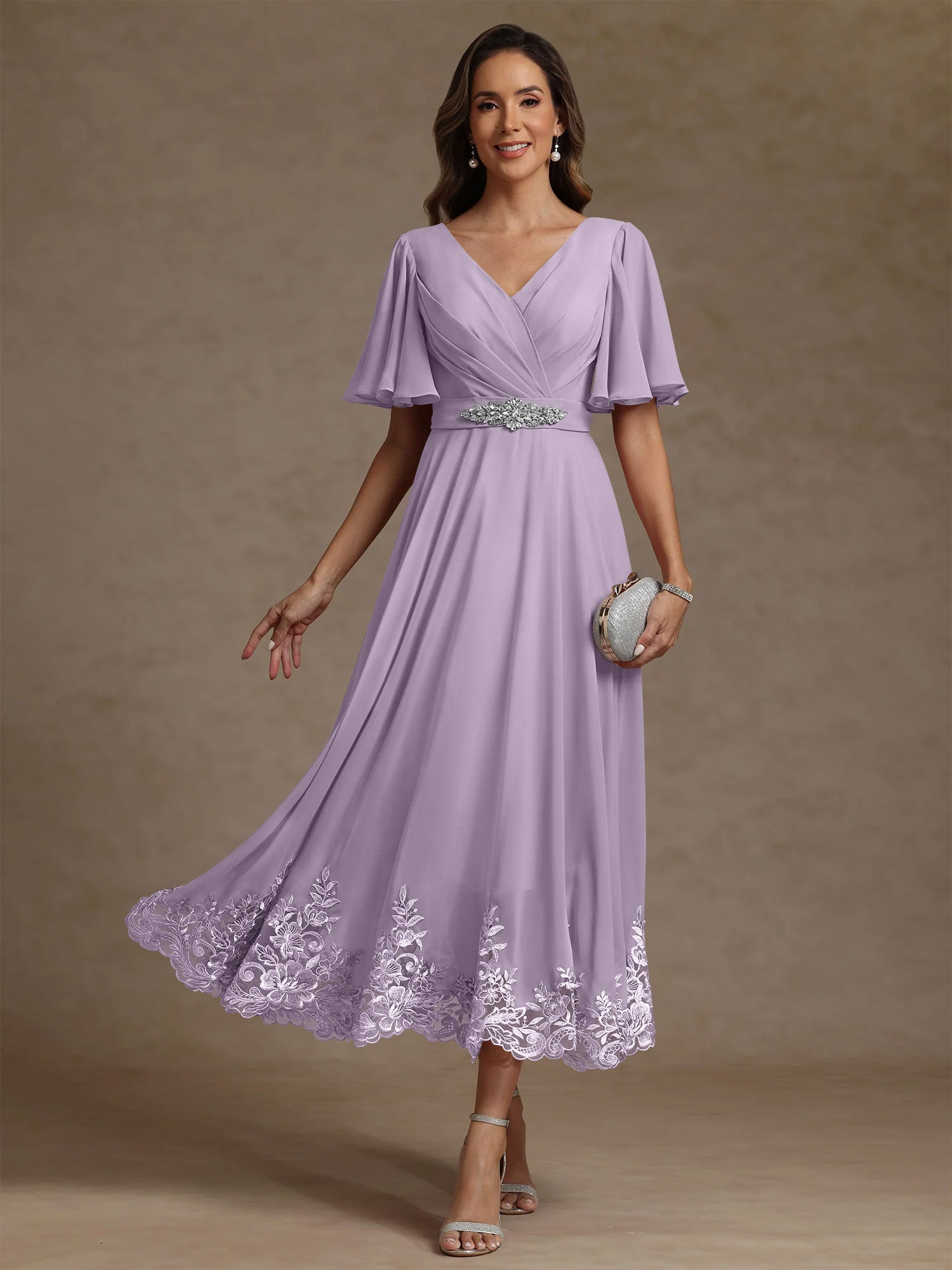 A Line Princess V Neck Mother Of The Bride Dresses Short Sleeves Chiffon Lace Tea Length With Sash
