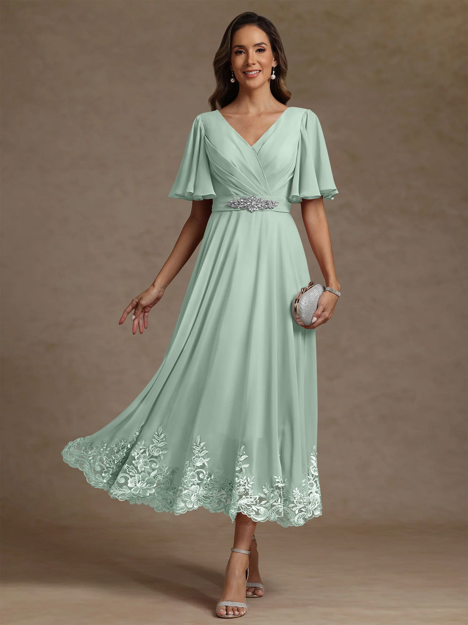 A Line Princess V Neck Mother Of The Bride Dresses Short Sleeves Chiffon Lace Tea Length With Sash