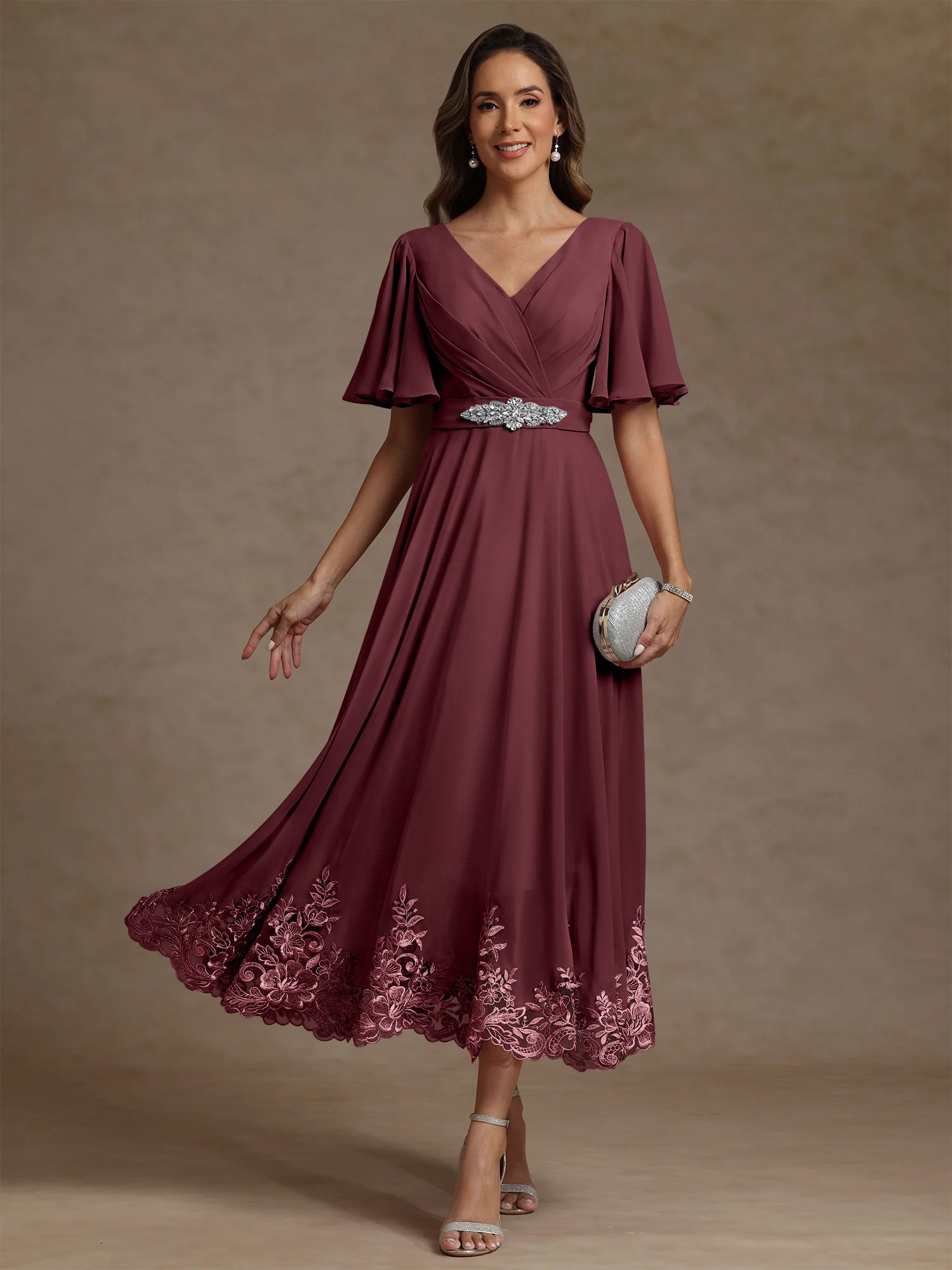 A Line Princess V Neck Mother Of The Bride Dresses Short Sleeves Chiffon Lace Tea Length With Sash
