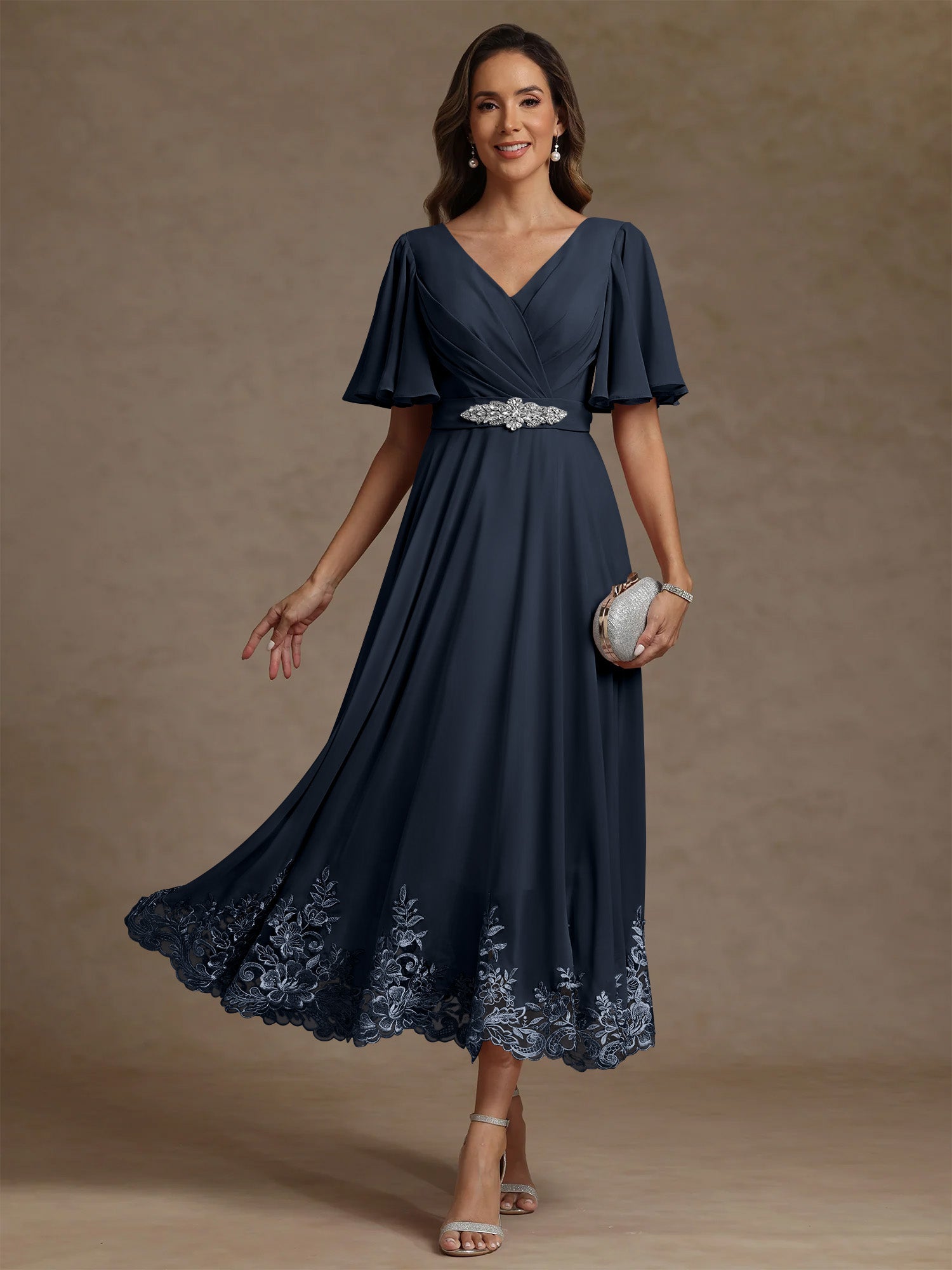 A Line Princess V Neck Mother Of The Bride Dresses Short Sleeves Chiffon Lace Tea Length With Sash