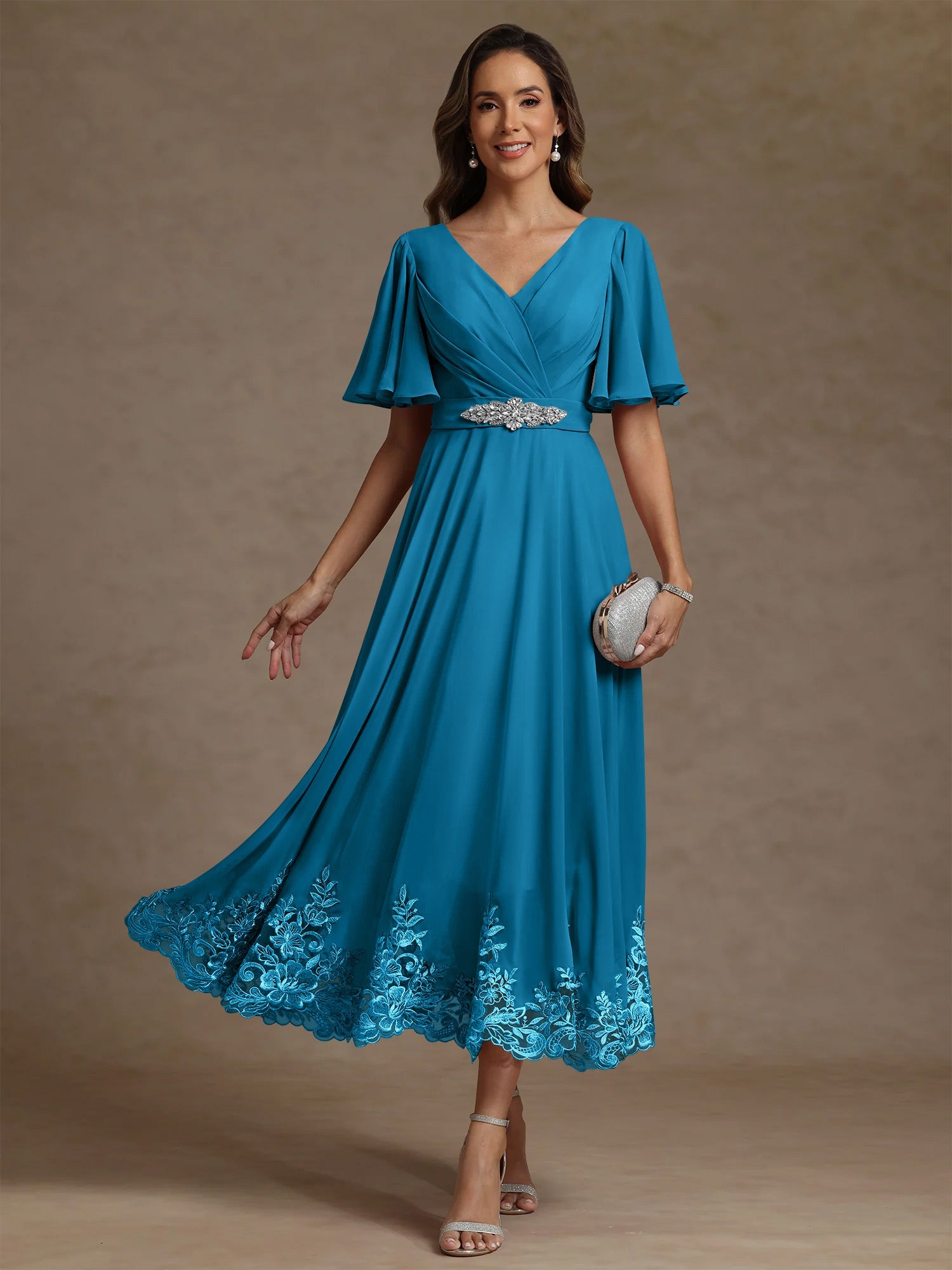 A Line Princess V Neck Mother Of The Bride Dresses Short Sleeves Chiffon Lace Tea Length With Sash