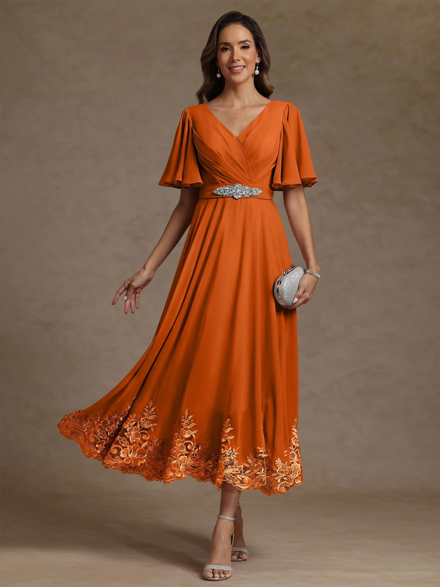 A Line Princess V Neck Mother Of The Bride Dresses Short Sleeves Chiffon Lace Tea Length With Sash