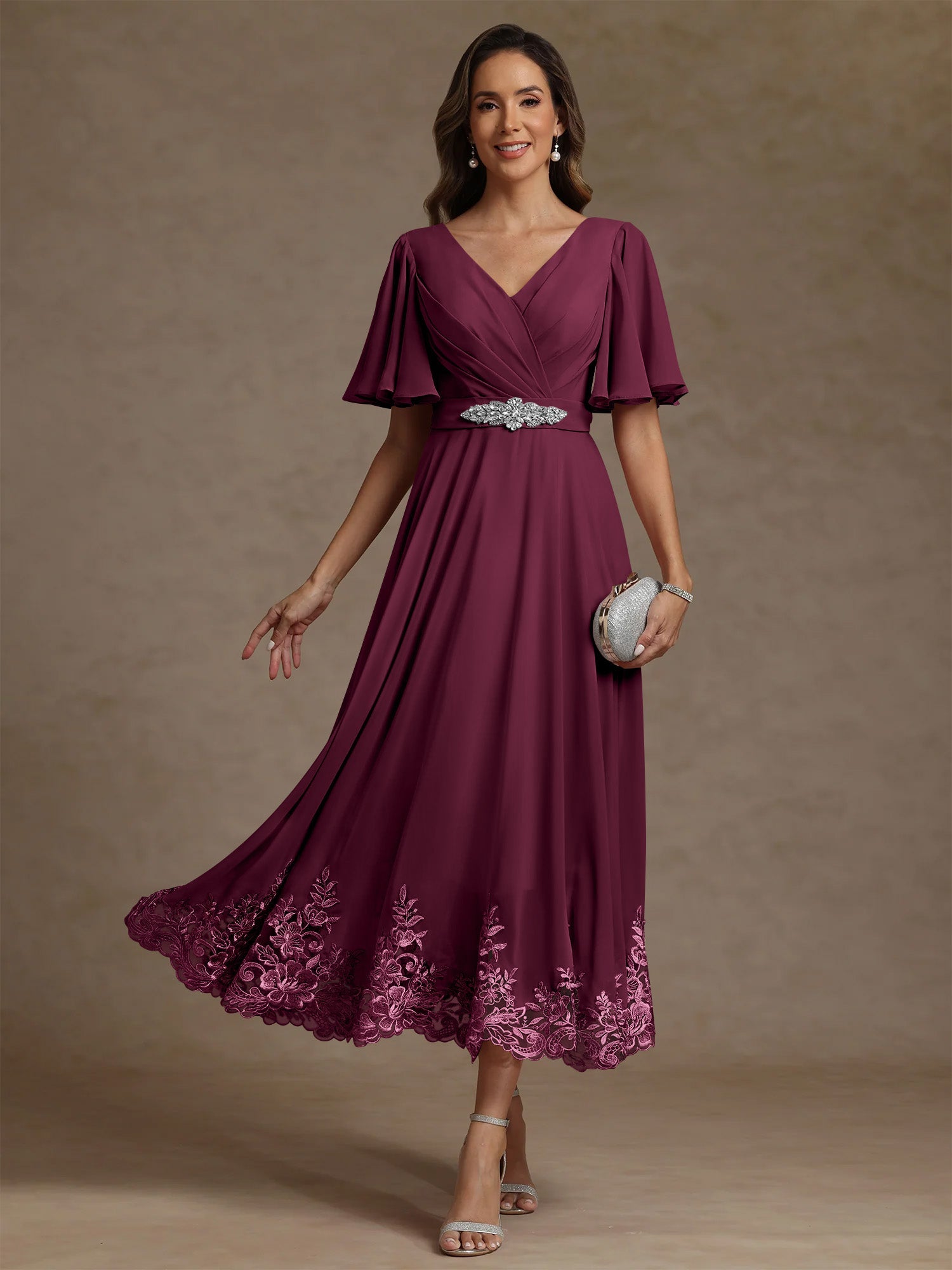 A Line Princess V Neck Mother Of The Bride Dresses Short Sleeves Chiffon Lace Tea Length With Sash