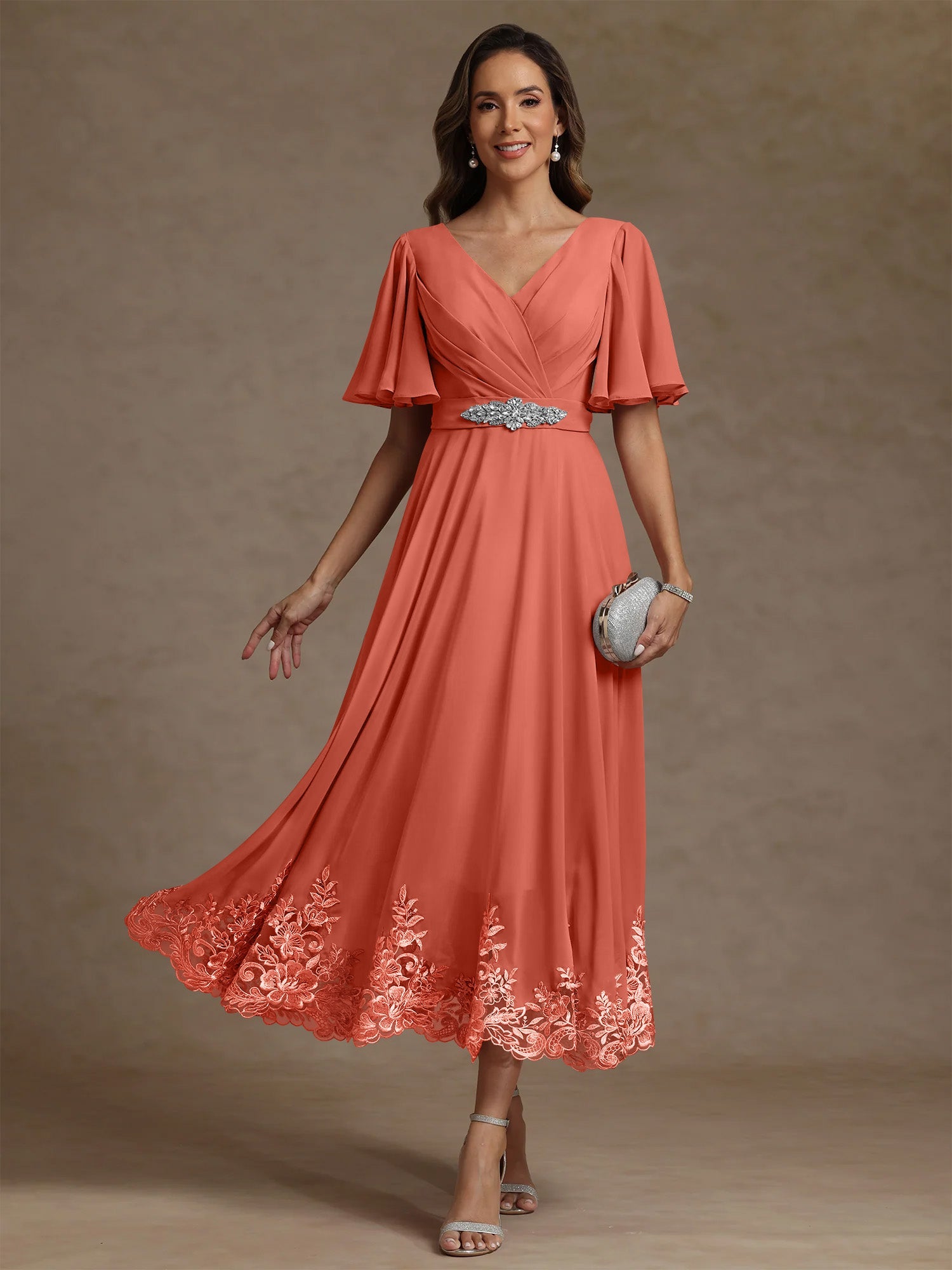 A Line Princess V Neck Mother Of The Bride Dresses Short Sleeves Chiffon Lace Tea Length With Sash