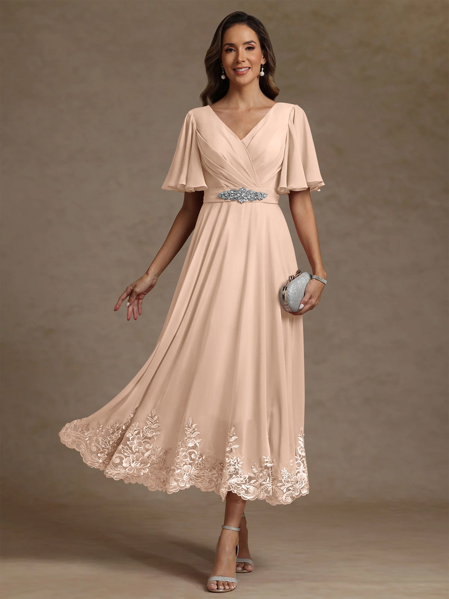 A Line Princess V Neck Mother Of The Bride Dresses Short Sleeves Chiffon Lace Tea Length With Sash