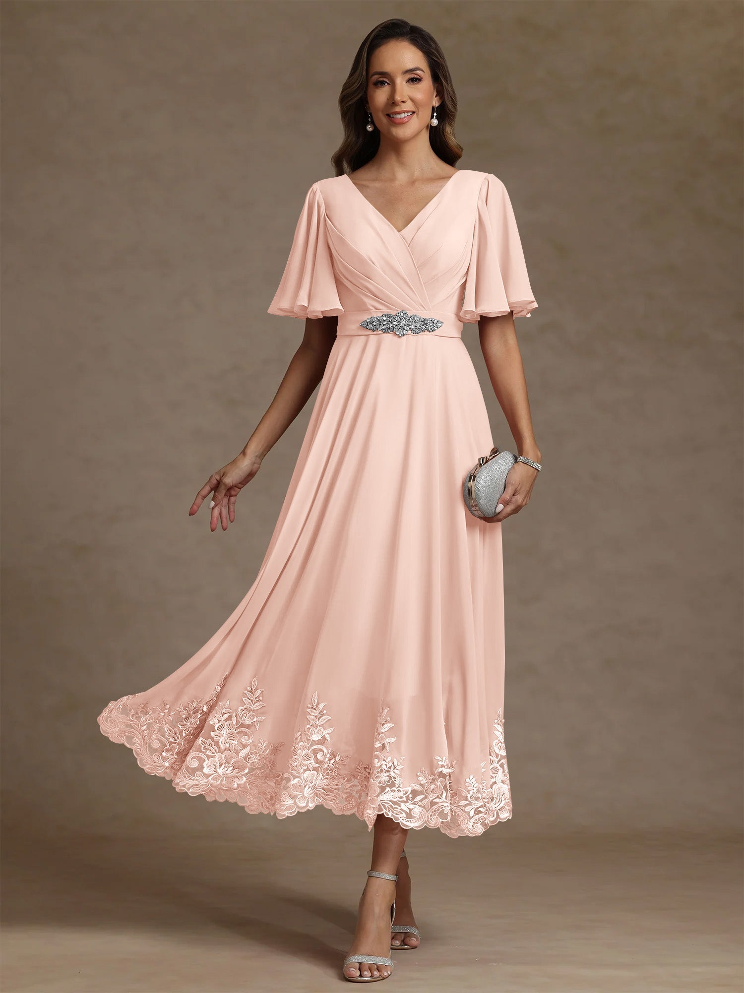 A Line Princess V Neck Mother Of The Bride Dresses Short Sleeves Chiffon Lace Tea Length With Sash