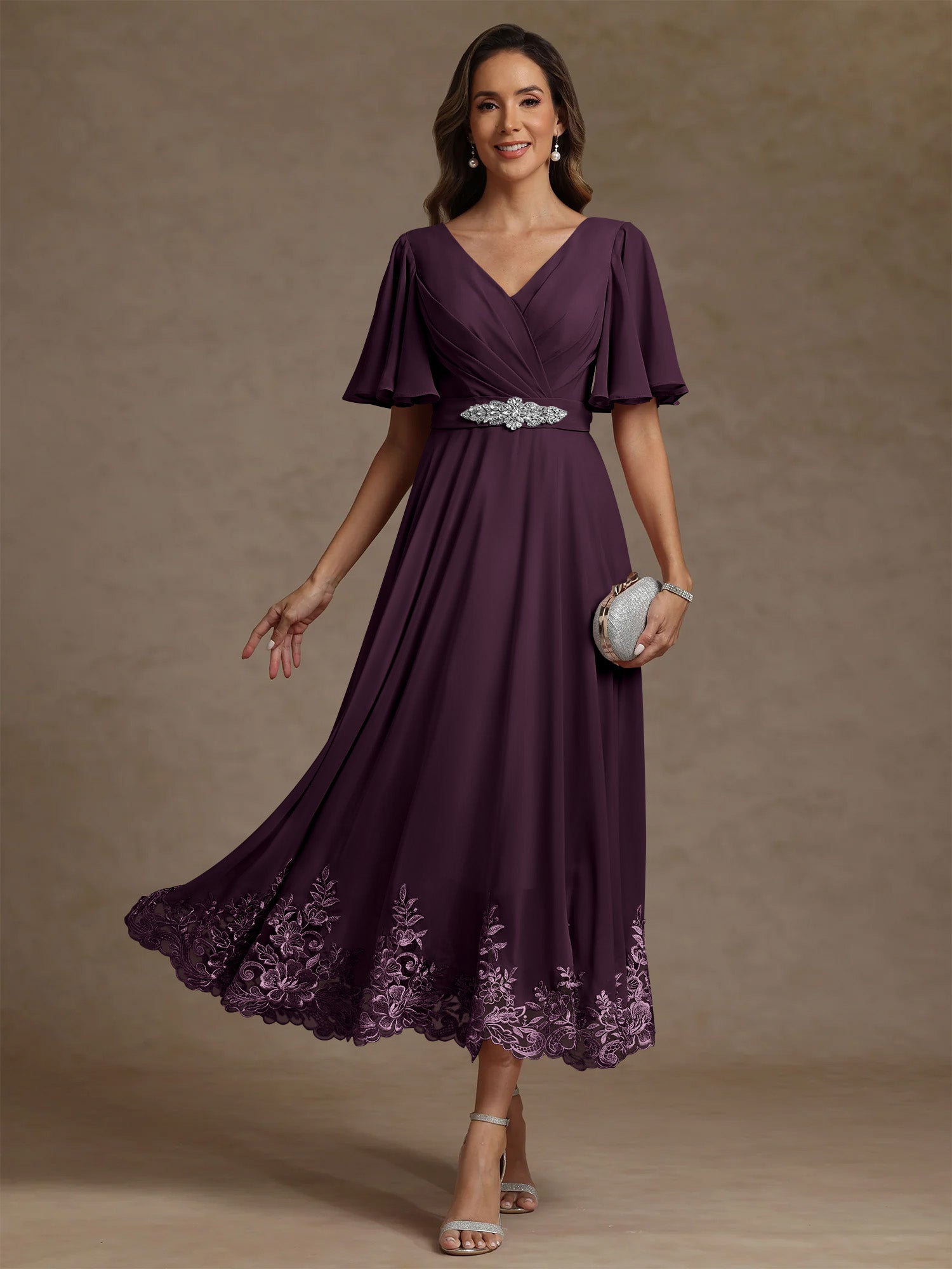 A Line Princess V Neck Mother Of The Bride Dresses Short Sleeves Chiffon Lace Tea Length With Sash