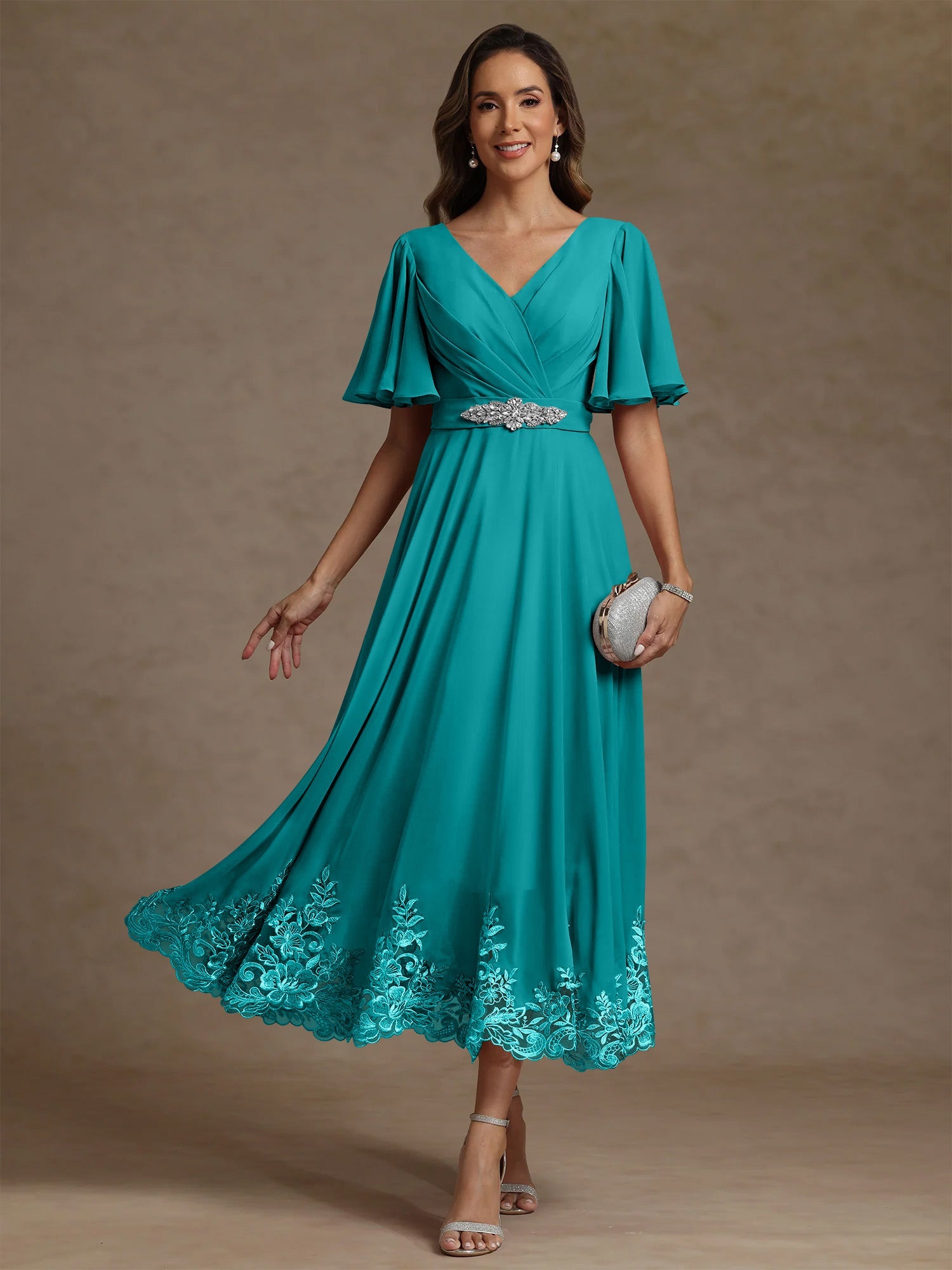 A Line Princess V Neck Mother Of The Bride Dresses Short Sleeves Chiffon Lace Tea Length With Sash