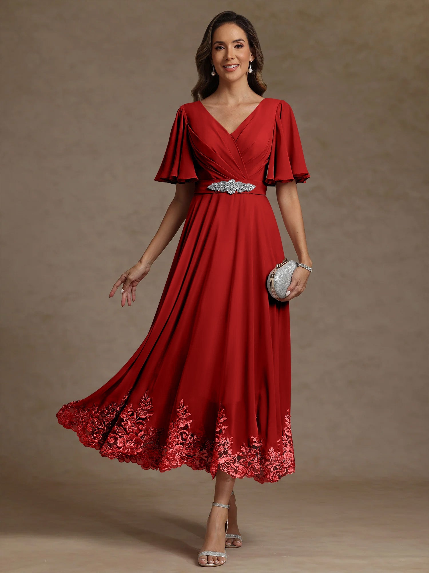 A Line Princess V Neck Mother Of The Bride Dresses Short Sleeves Chiffon Lace Tea Length With Sash