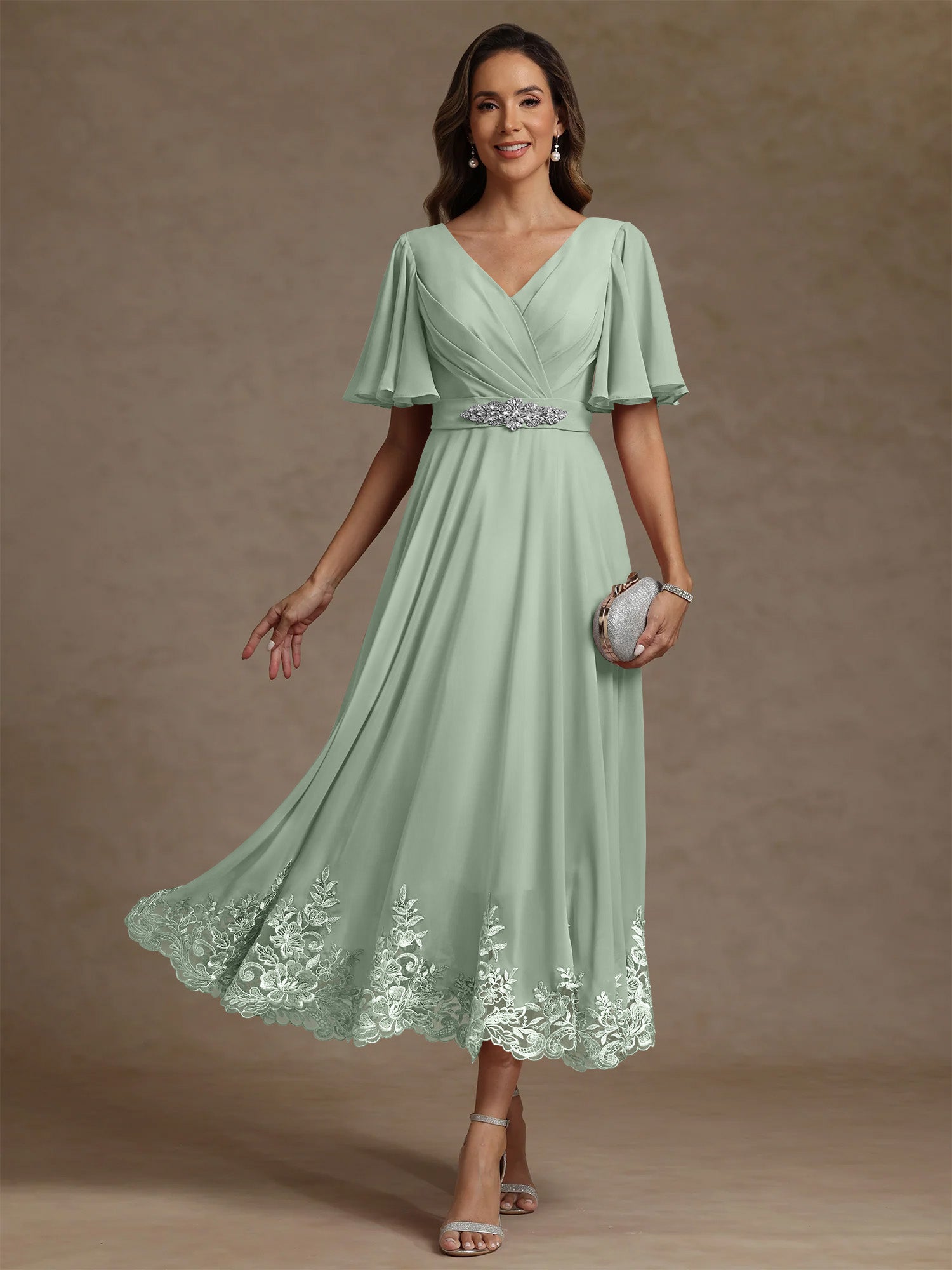 A Line Princess V Neck Mother Of The Bride Dresses Short Sleeves Chiffon Lace Tea Length With Sash