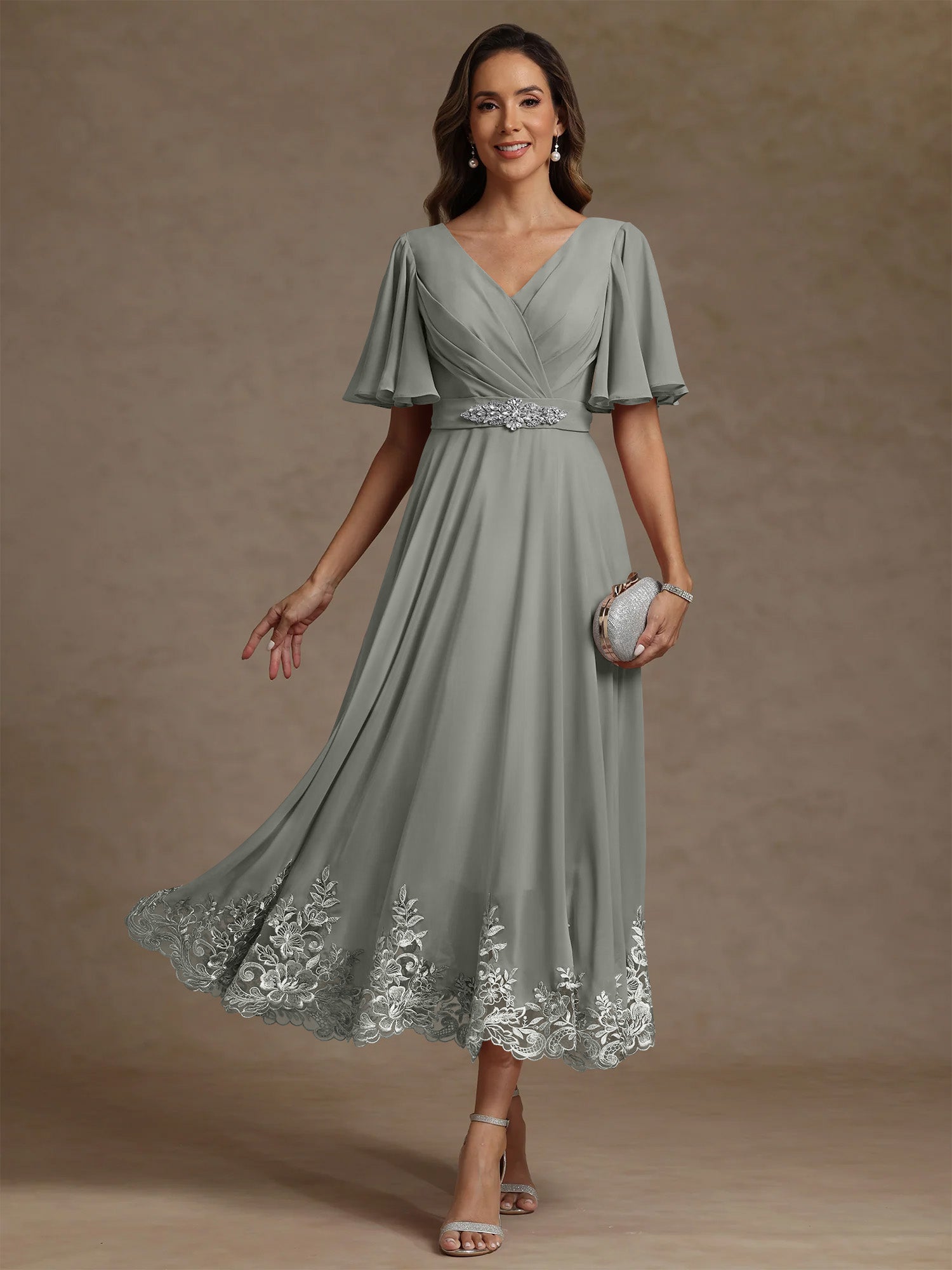 A Line Princess V Neck Mother Of The Bride Dresses Short Sleeves Chiffon Lace Tea Length With Sash