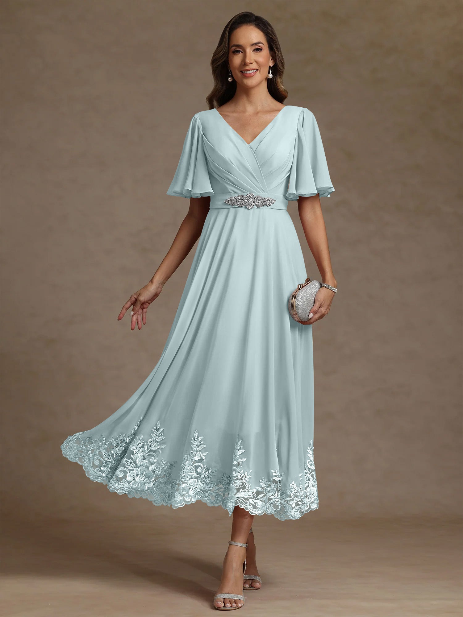 A Line Princess V Neck Mother Of The Bride Dresses Short Sleeves Chiffon Lace Tea Length With Sash
