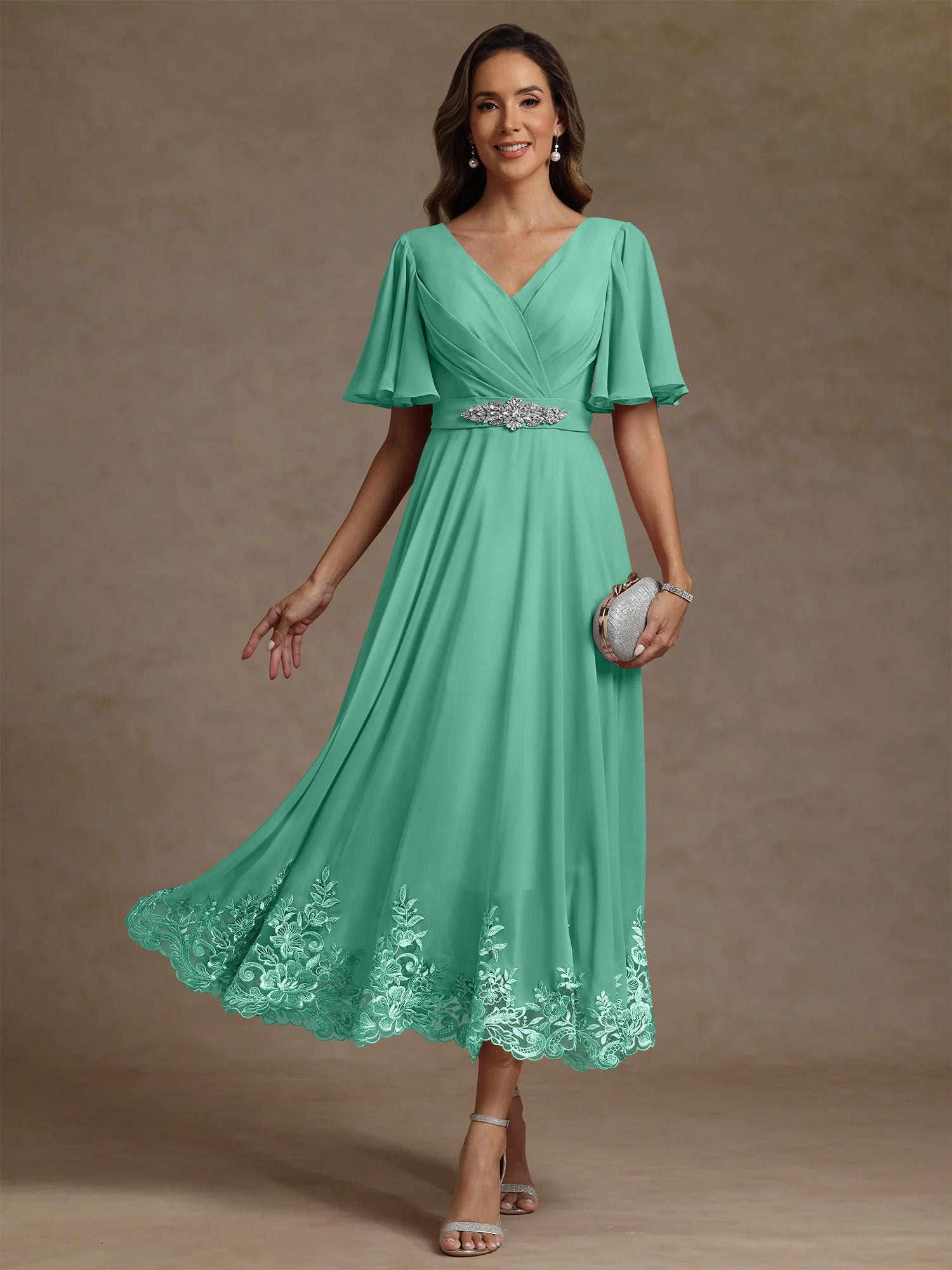A Line Princess V Neck Mother Of The Bride Dresses Short Sleeves Chiffon Lace Tea Length With Sash