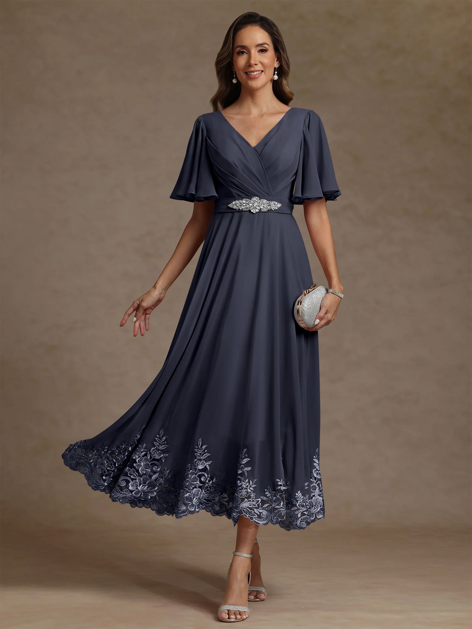 A Line Princess V Neck Mother Of The Bride Dresses Short Sleeves Chiffon Lace Tea Length With Sash