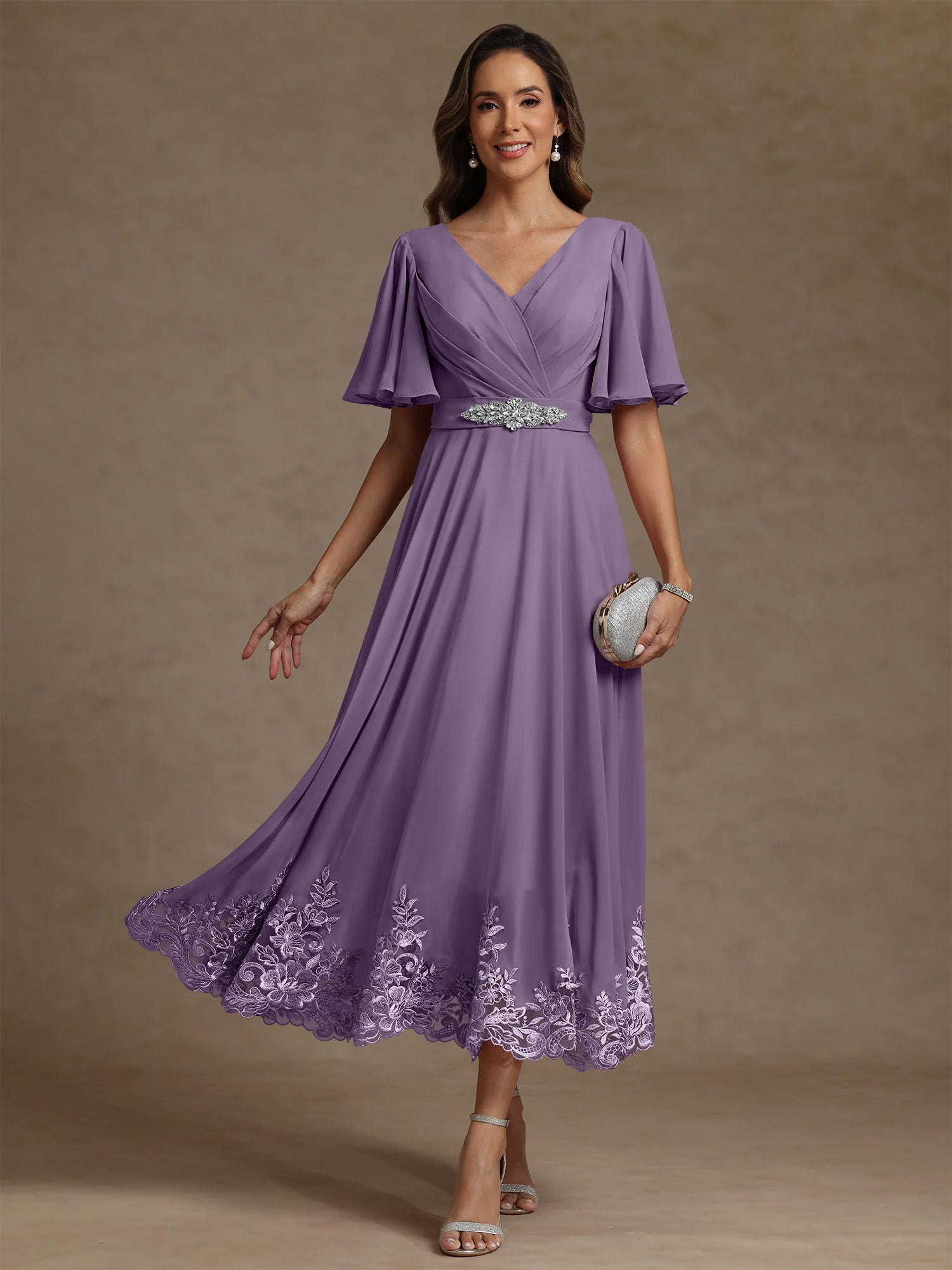 A Line Princess V Neck Mother Of The Bride Dresses Short Sleeves Chiffon Lace Tea Length With Sash
