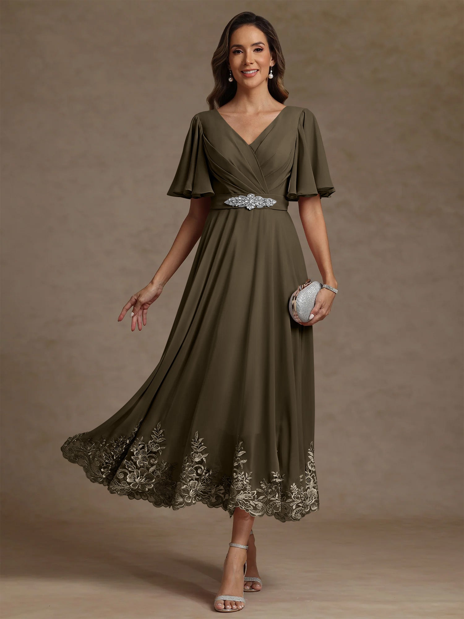 A Line Princess V Neck Mother Of The Bride Dresses Short Sleeves Chiffon Lace Tea Length With Sash