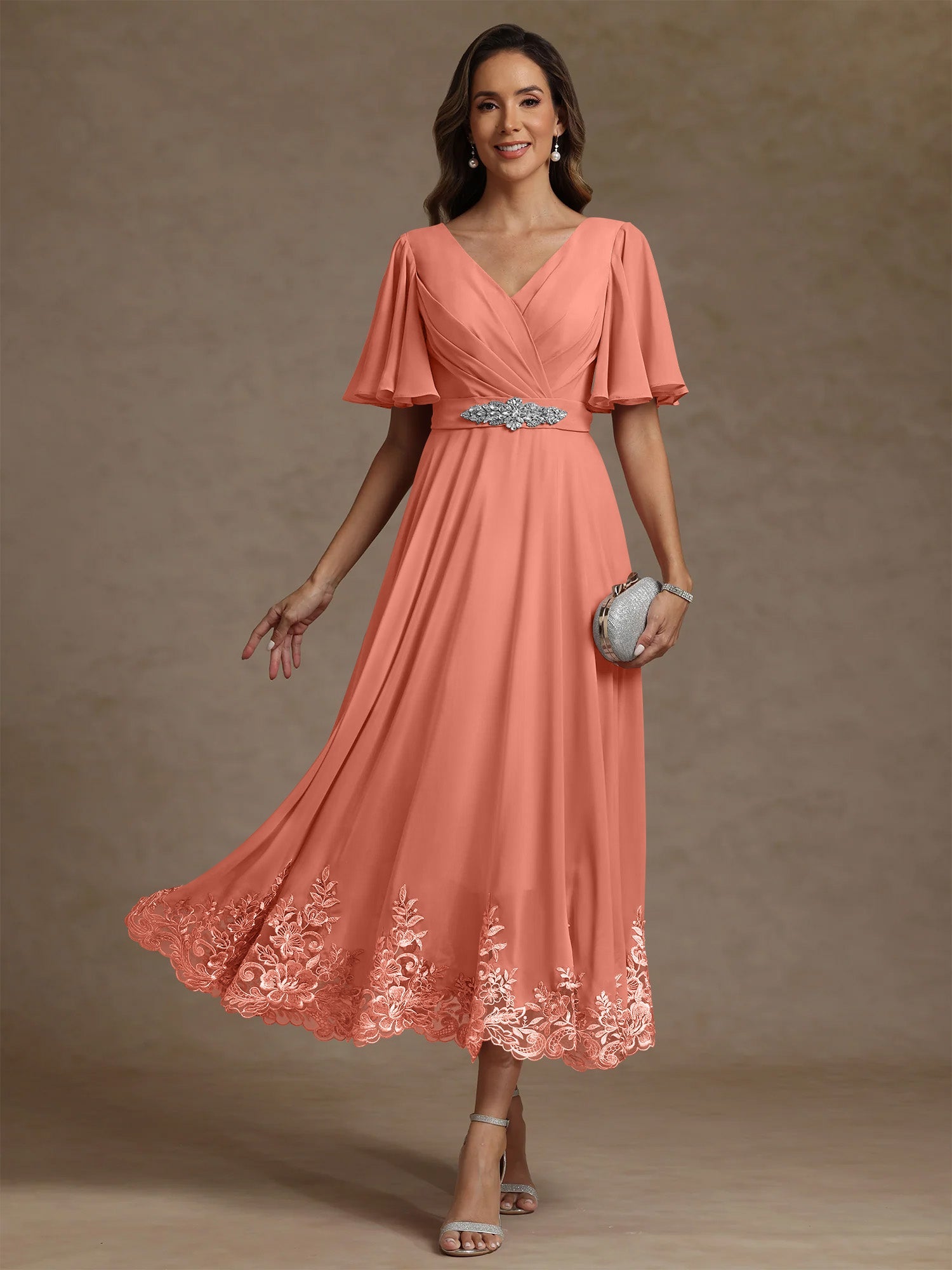 A Line Princess V Neck Mother Of The Bride Dresses Short Sleeves Chiffon Lace Tea Length With Sash