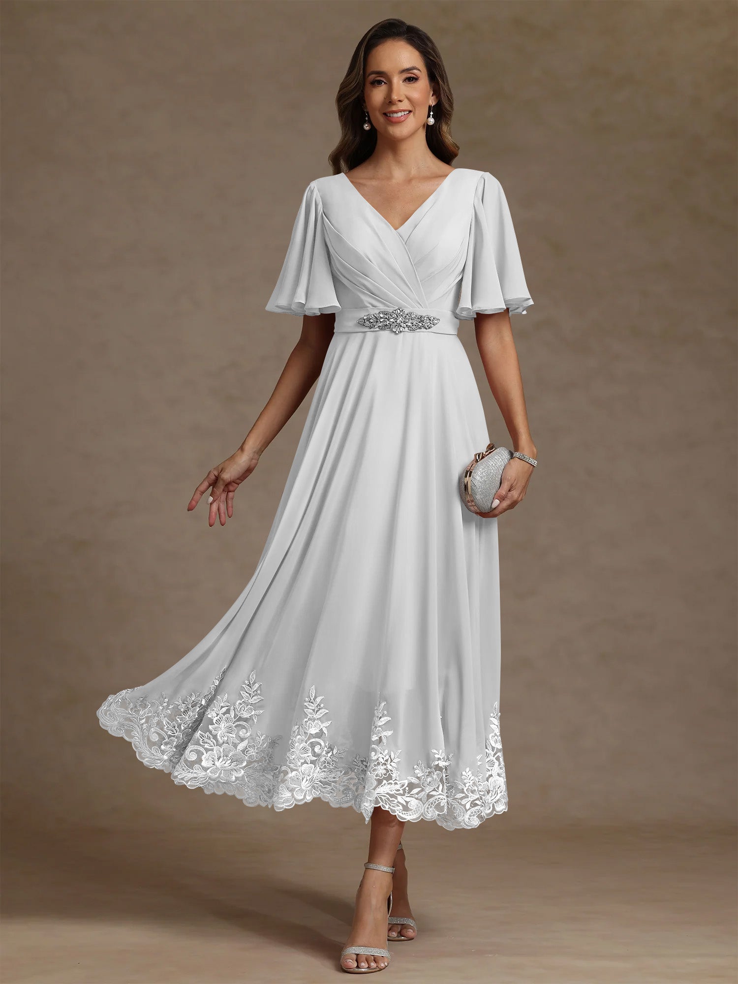 A Line Princess V Neck Mother Of The Bride Dresses Short Sleeves Chiffon Lace Tea Length With Sash