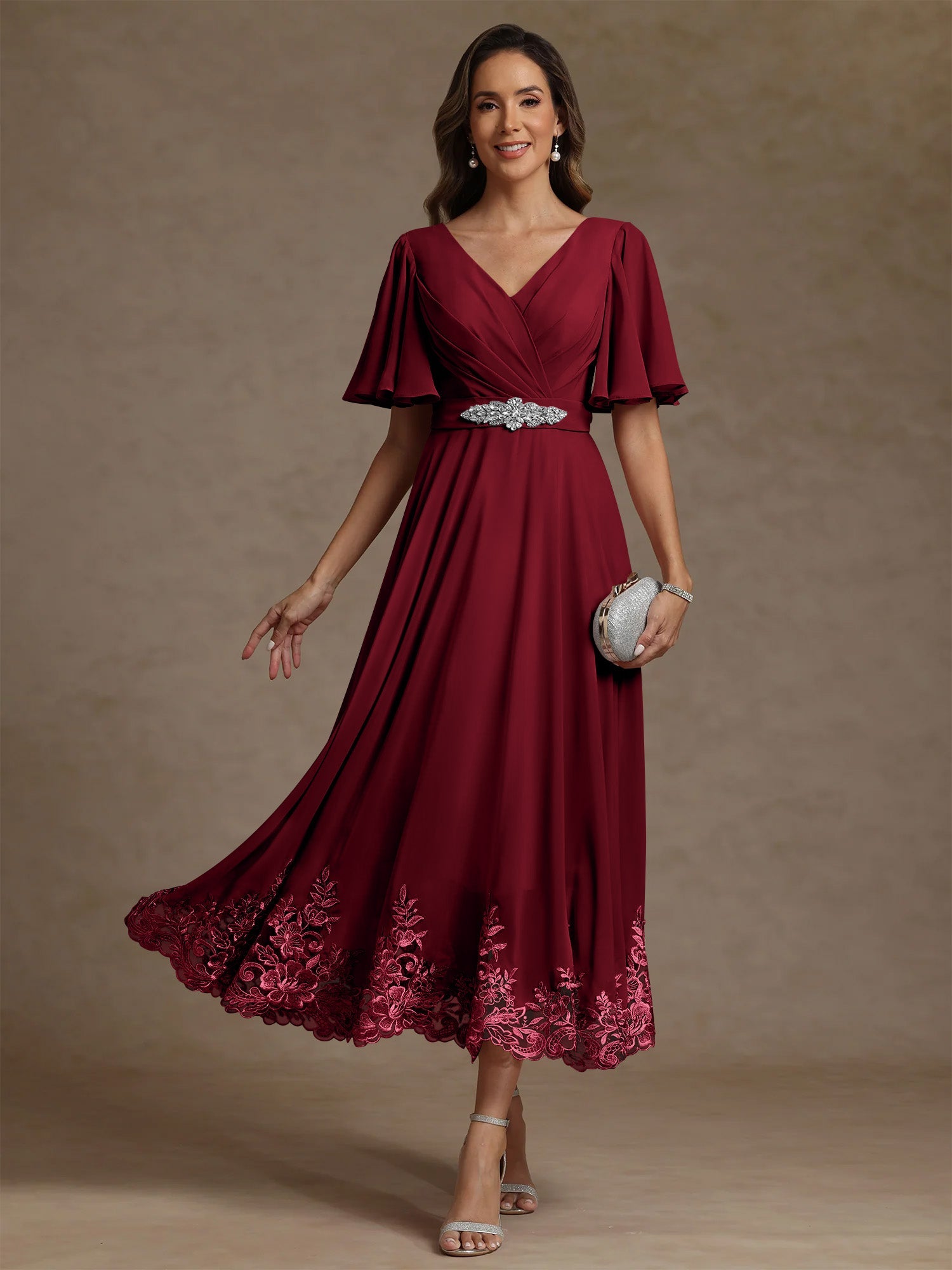 A Line Princess V Neck Mother Of The Bride Dresses Short Sleeves Chiffon Lace Tea Length With Sash