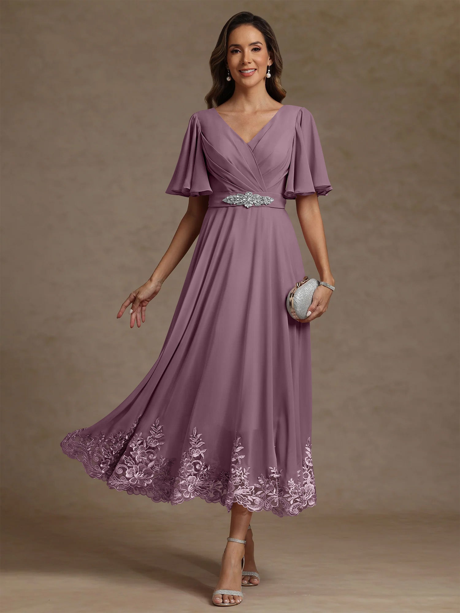 A Line Princess V Neck Mother Of The Bride Dresses Short Sleeves Chiffon Lace Tea Length With Sash