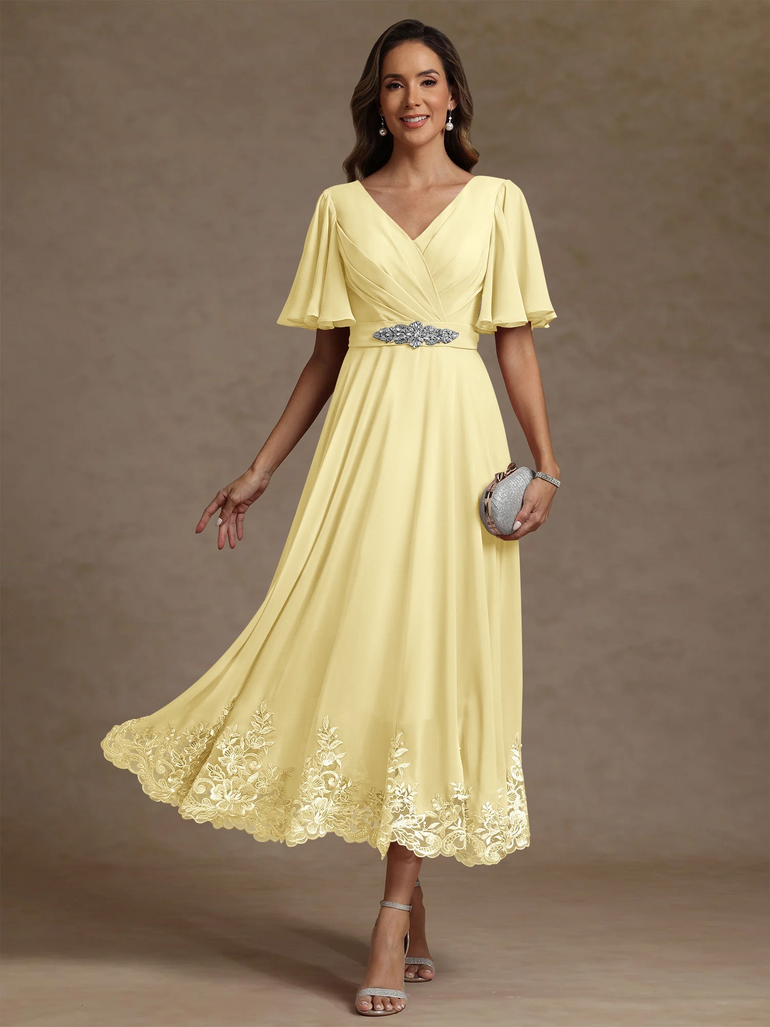 A Line Princess V Neck Mother Of The Bride Dresses Short Sleeves Chiffon Lace Tea Length With Sash