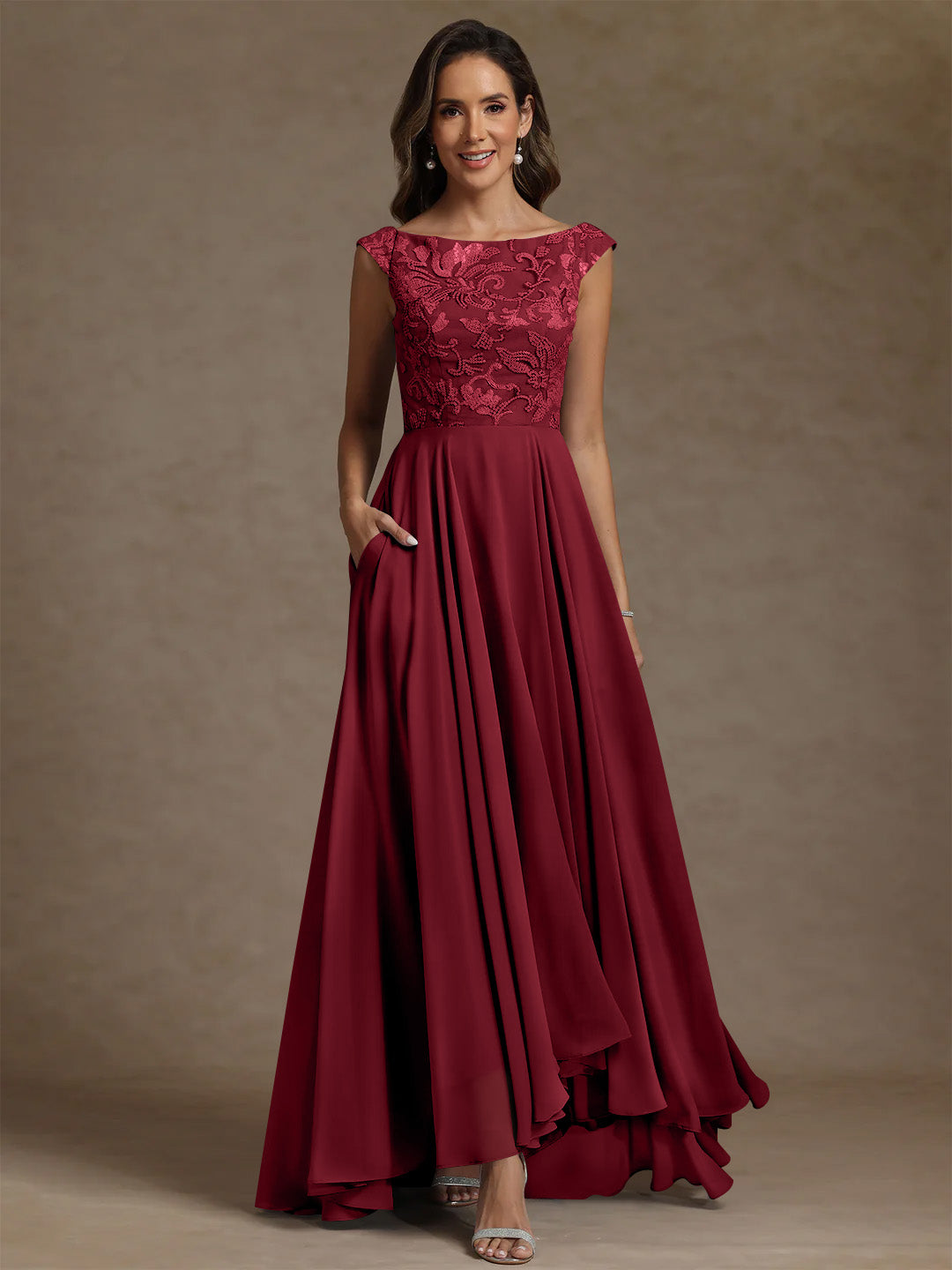 A Line Princess Scoop Chiffon Mother Of The Bride Dresses Lace Sequins Floor Length Sleeveless Pleated