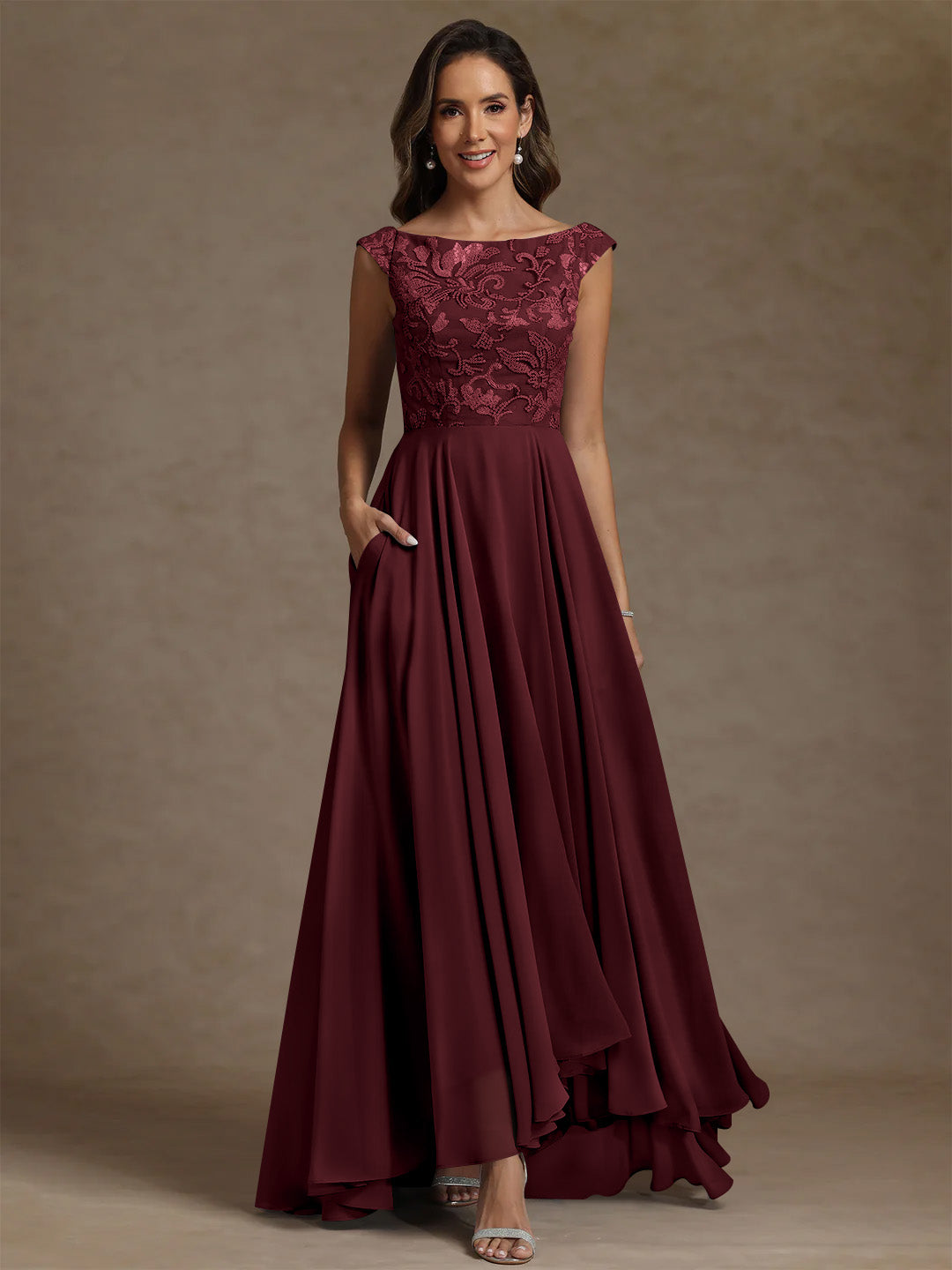 A Line Princess Scoop Chiffon Mother Of The Bride Dresses Lace Sequins Floor Length Sleeveless Pleated