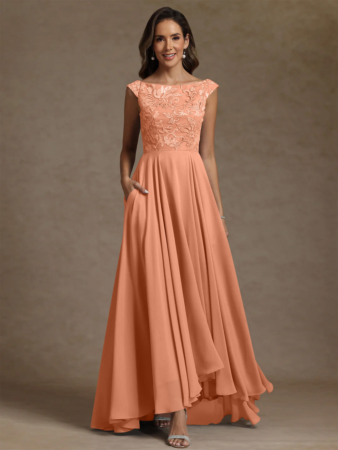 A Line Princess Scoop Chiffon Mother Of The Bride Dresses Lace Sequins Floor Length Sleeveless Pleated
