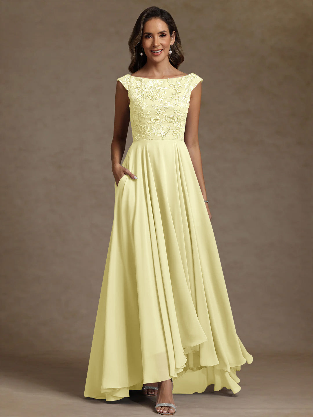 A Line Princess Scoop Chiffon Mother Of The Bride Dresses Lace Sequins Floor Length Sleeveless Pleated